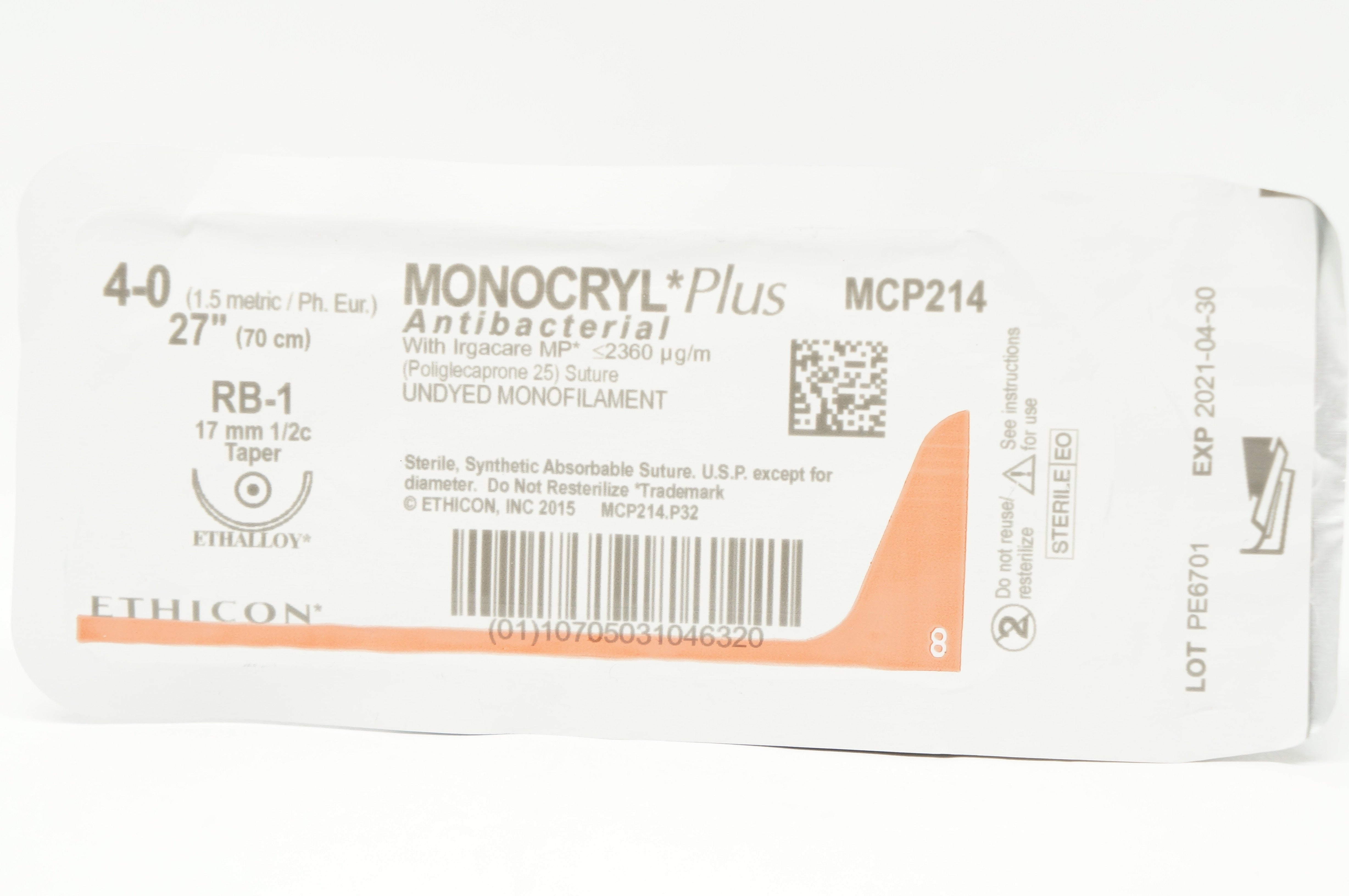 Ethicon MCP214 4-0 Monocryl Plus Antibacterial, RB-1 17mm 1/2c Taper, 27inch (x)