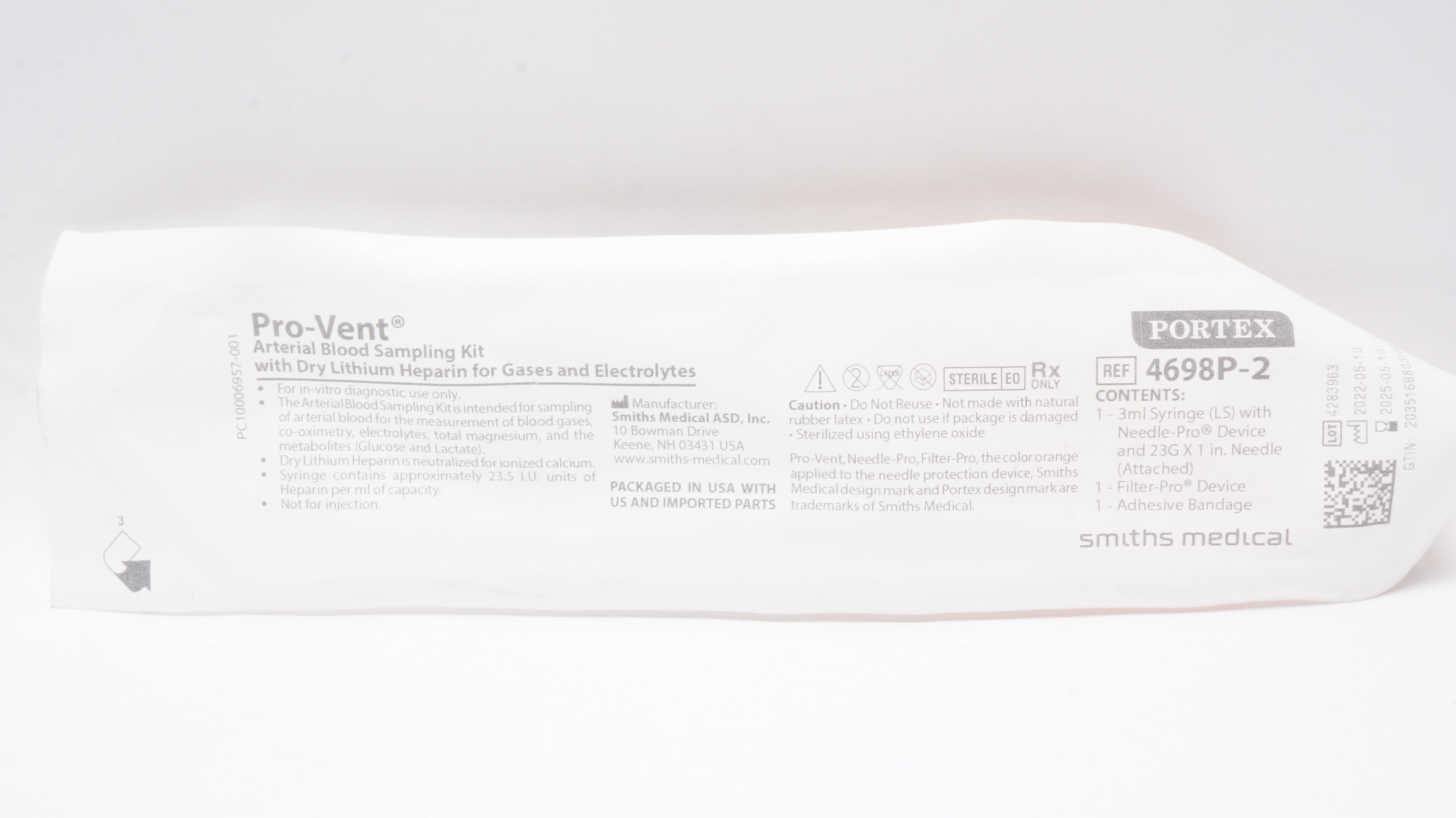 Smiths Medical 4698P-2 Portex Pro-Vent Arterial Blood Sampling Kit