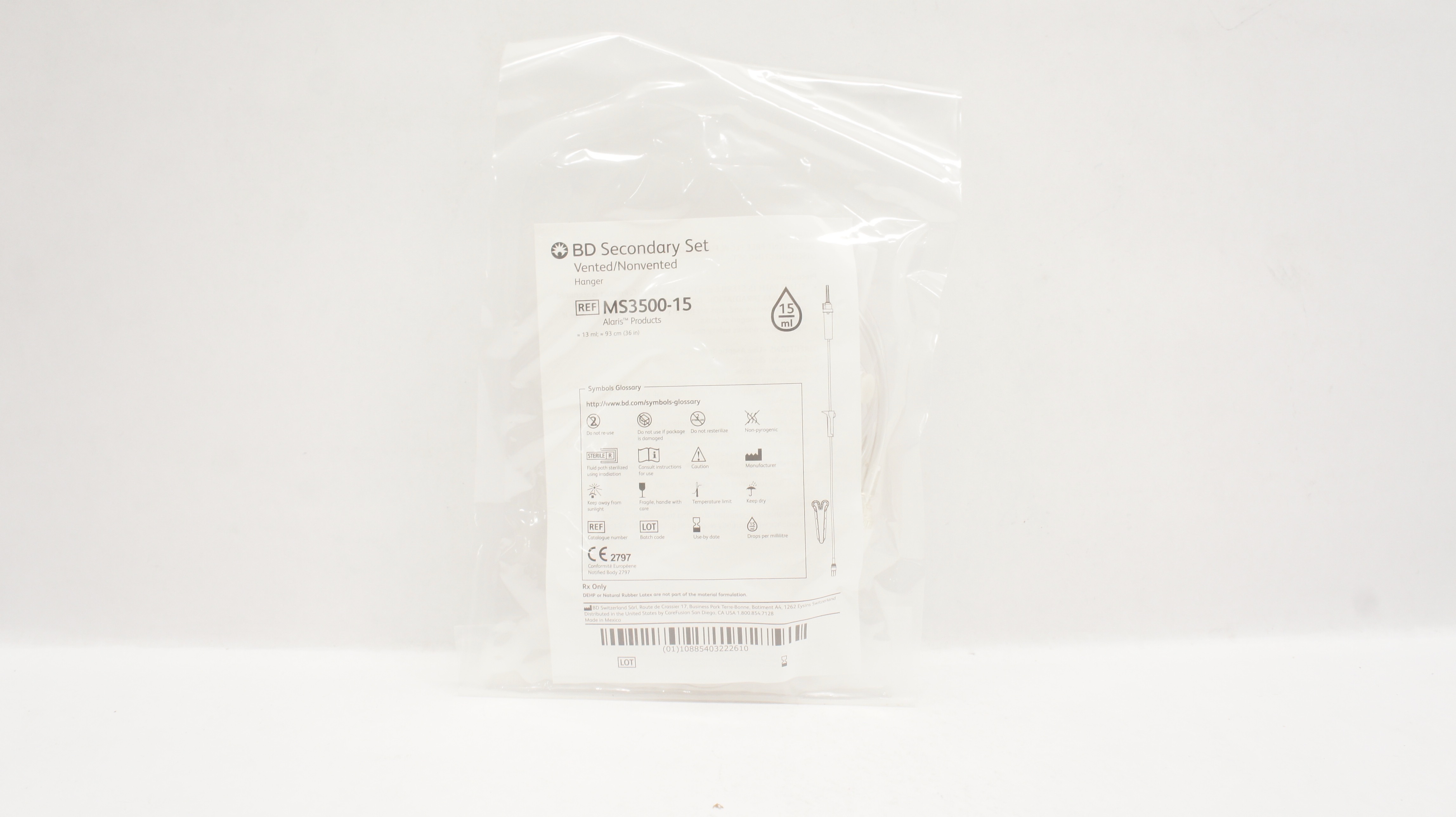 BD MS3500-15 Alaris Secondary Set Vented/Nonvented Hanger 13ml x 36inch