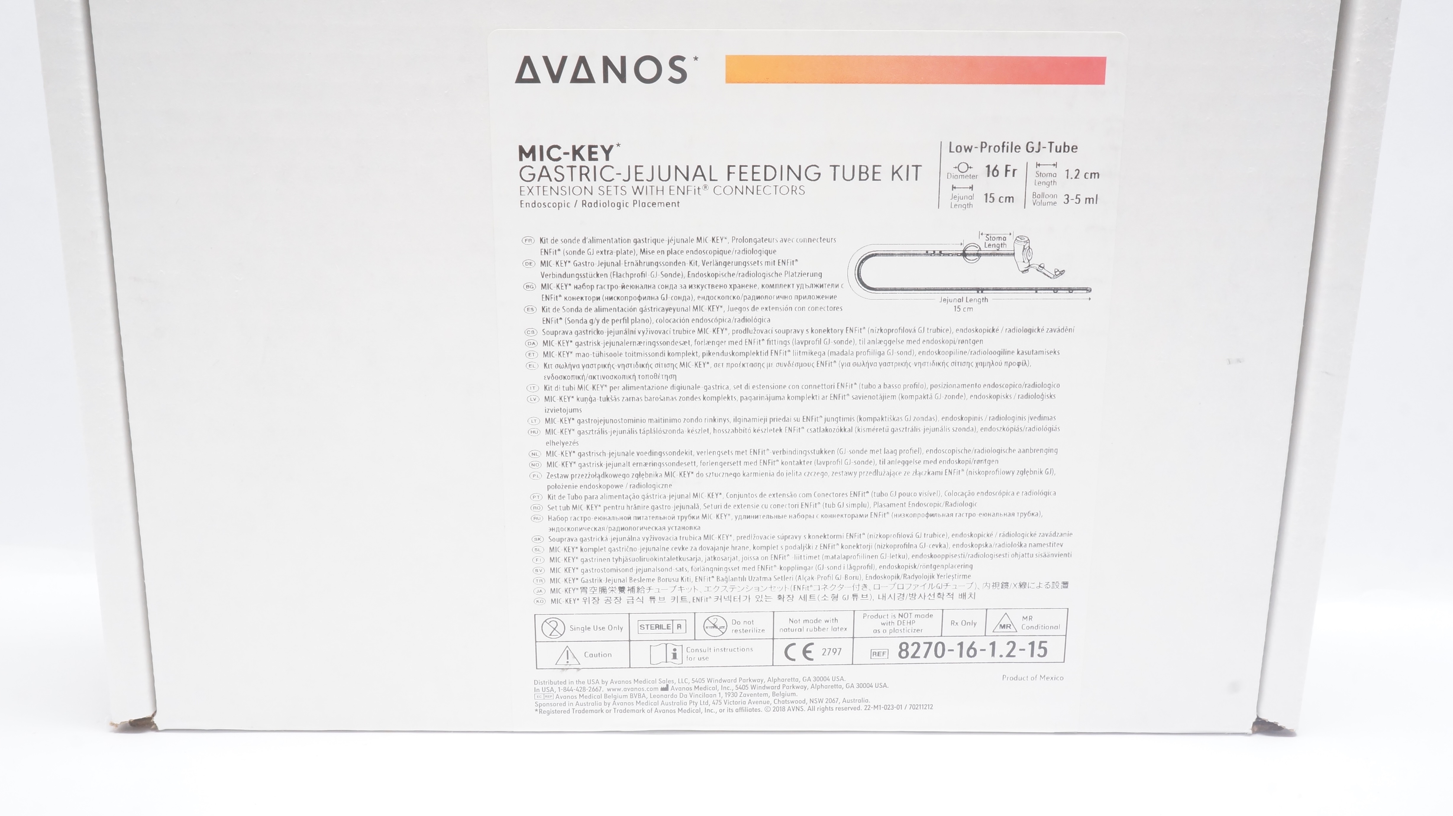 Avanos 8270-16-1.2-15 Mic-Key Gastric-Jejunal Feeding Tube Kit 16Fr x 1.2 x 15cm