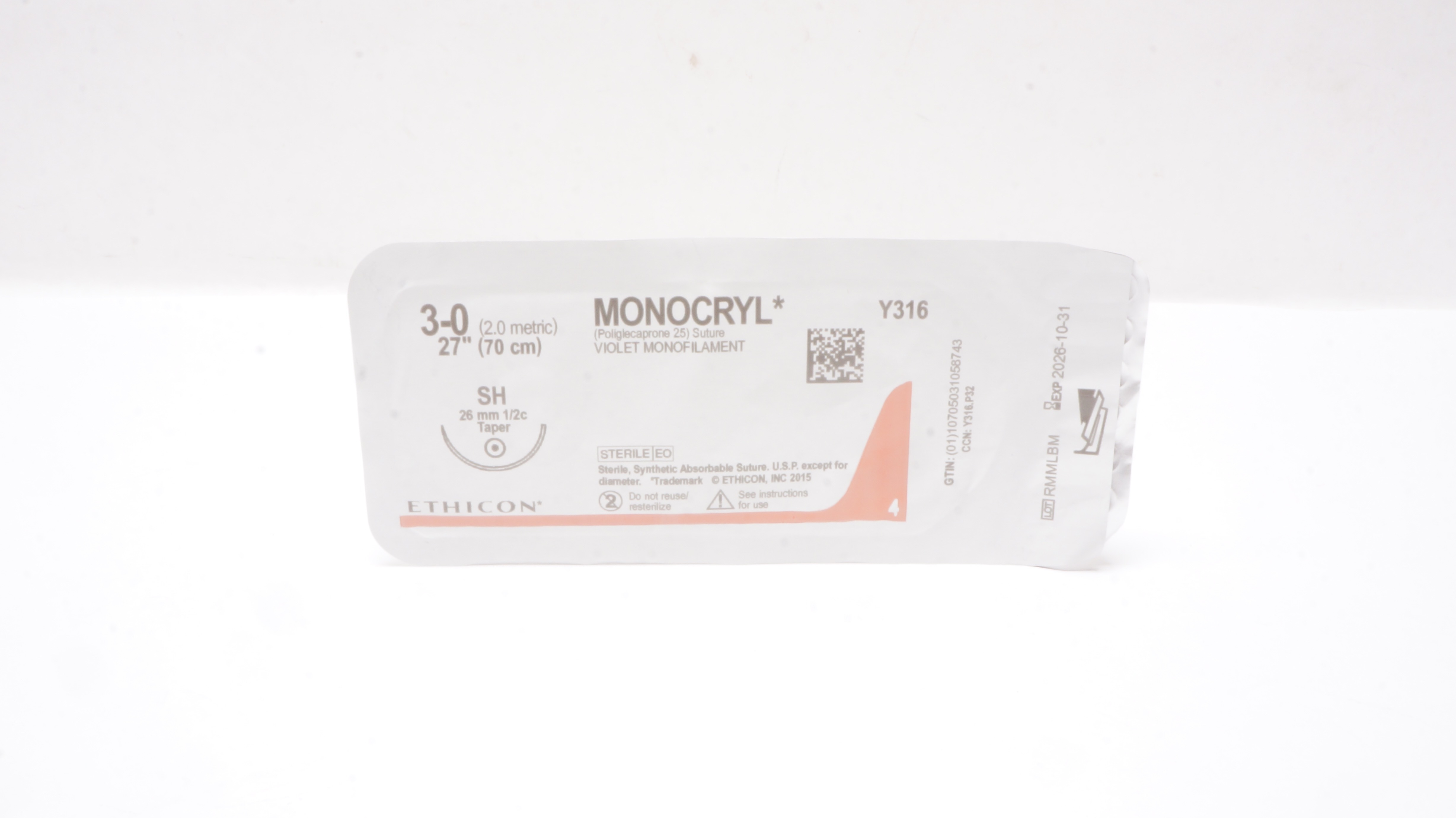 Ethicon Y316 3-0 MONOCRYL Violet Monofilament SH 26mm 1/2c Taper 27inch