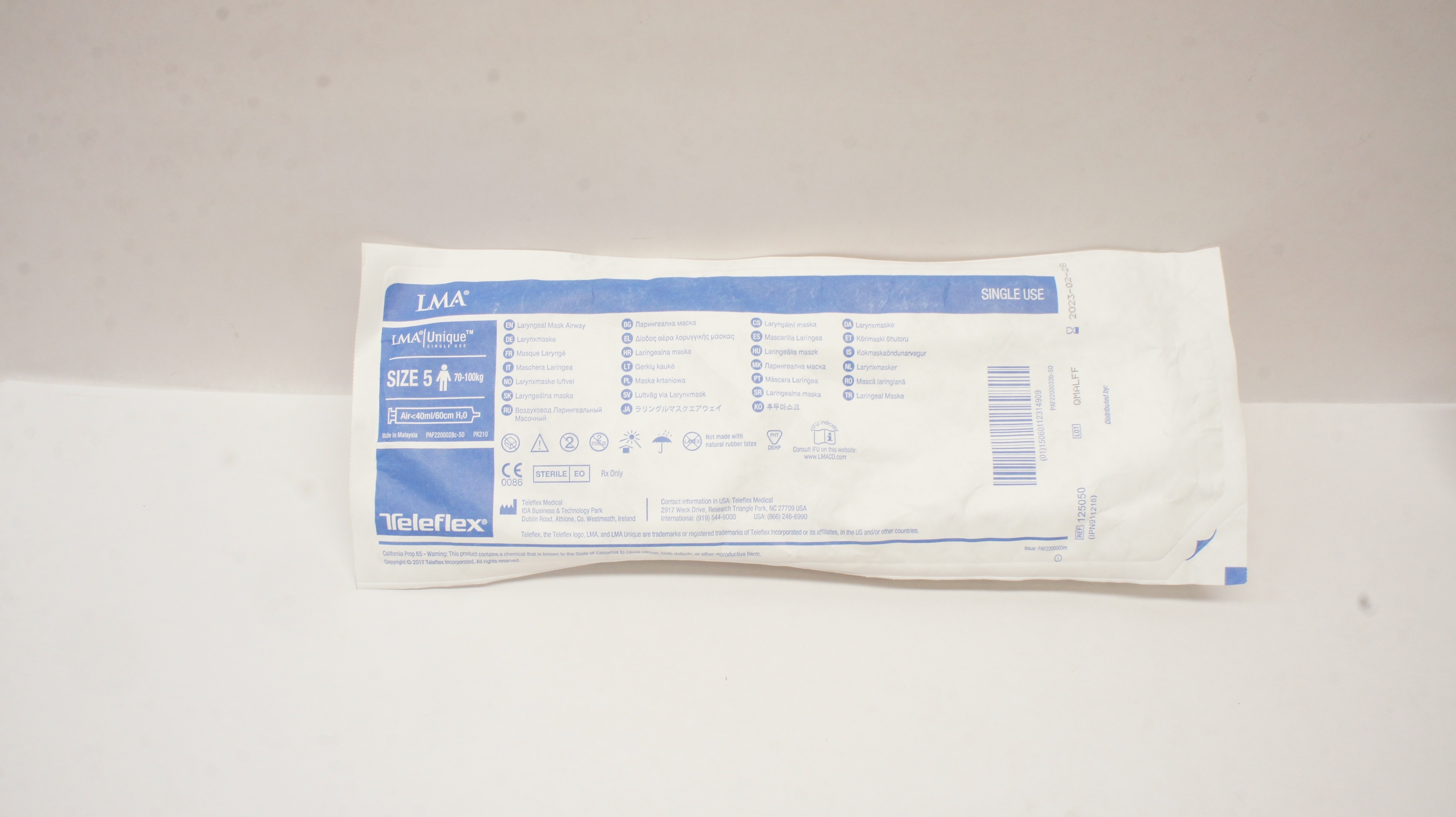 Teleflex 125050 LMA Unique Laryngeal Mask Airway Size 5 70-100kg <40ml/60cm