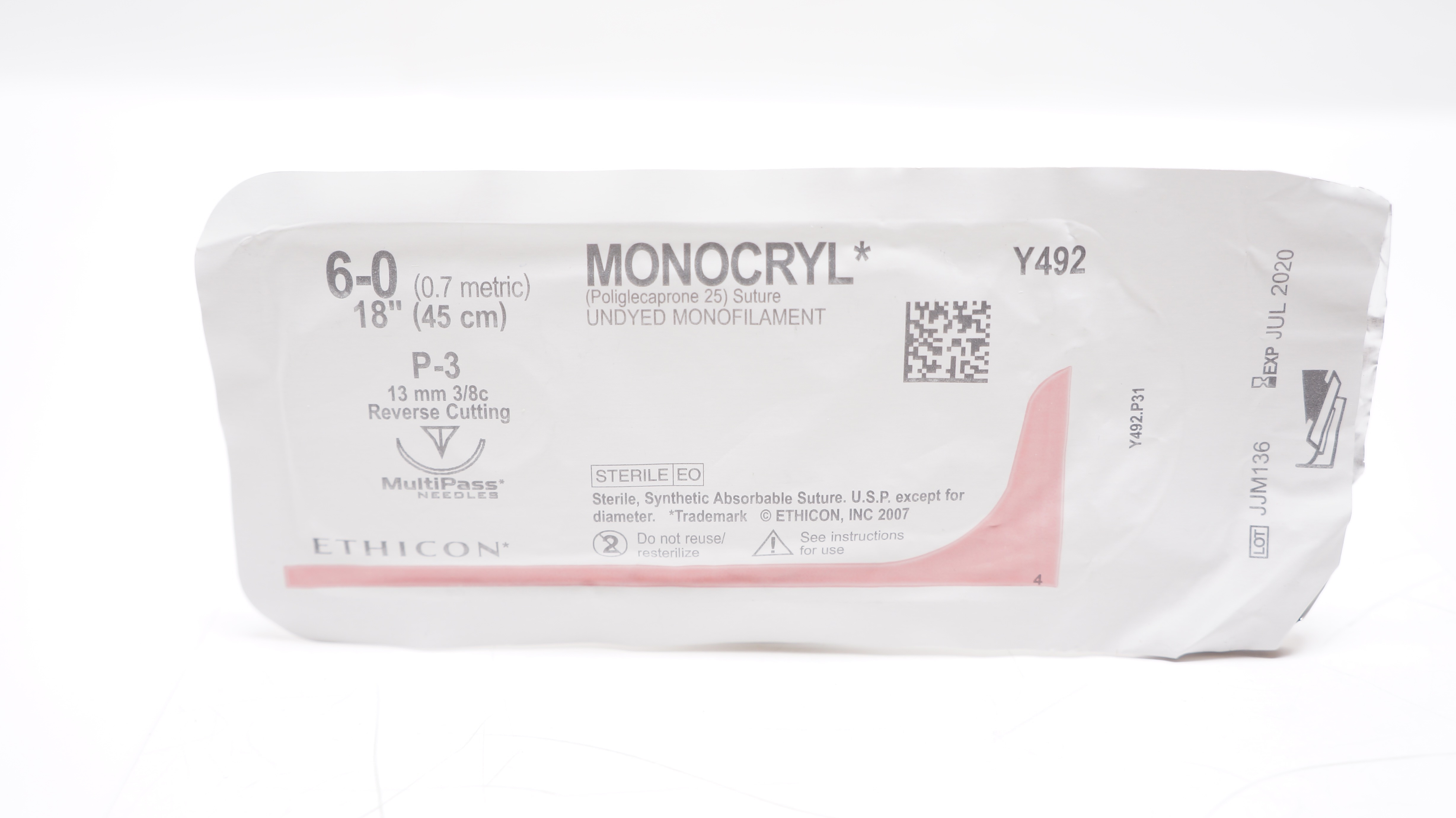 Ethicon Y492 6-0 MONOCRYL, P-3, 13mm 3/8c Reverse Cutting, 18inch (x)