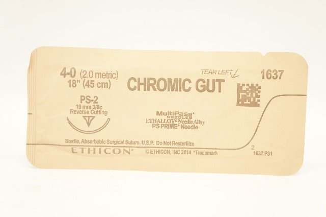 Ethicon 1637 4-0 Chromic Gut Surgical Stre PS-2 19mm 3/8c Reverse Cutting 18inch