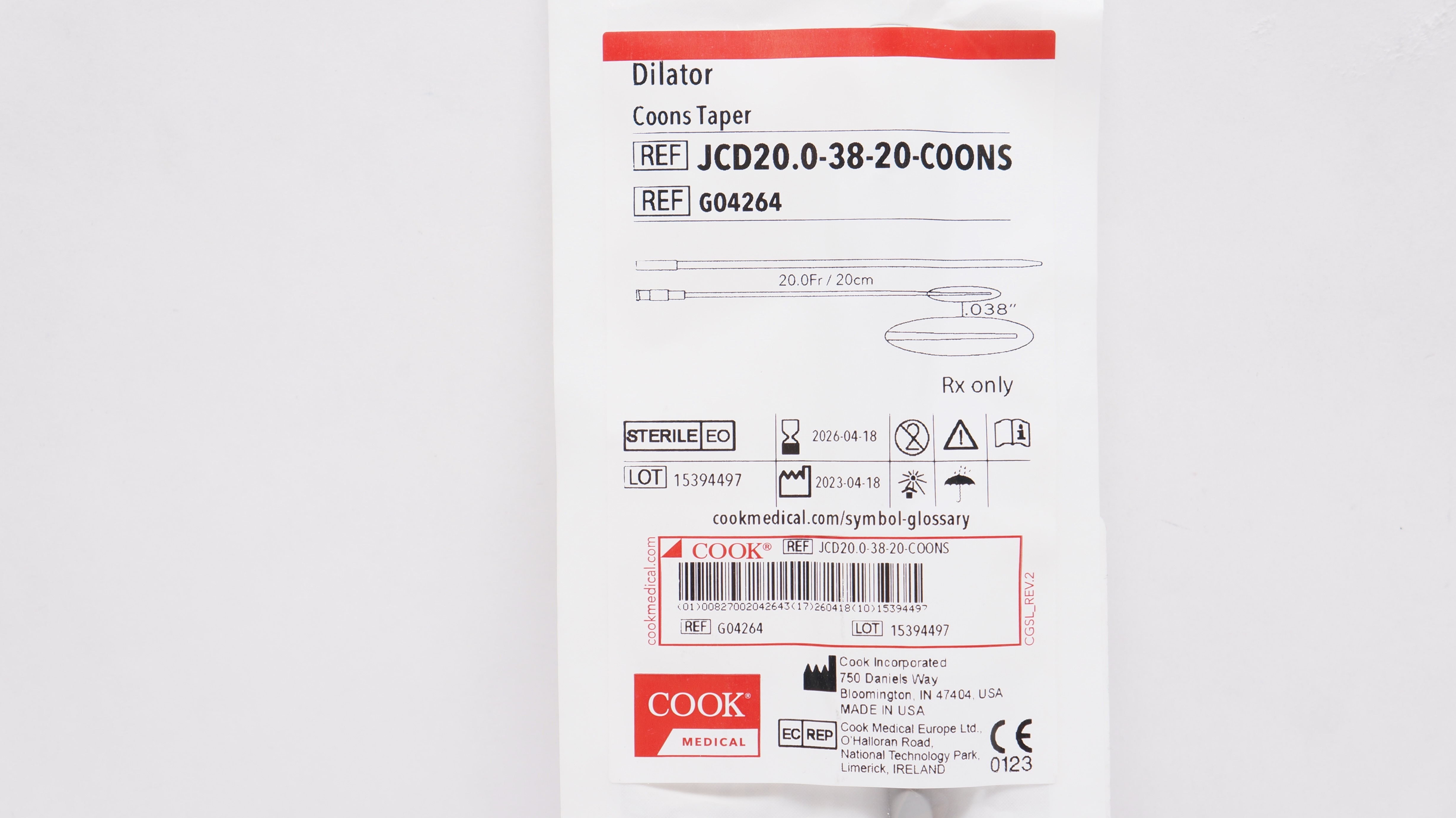 Cook Medical G04264 Dilator Coons Taper 20Fr x 038In