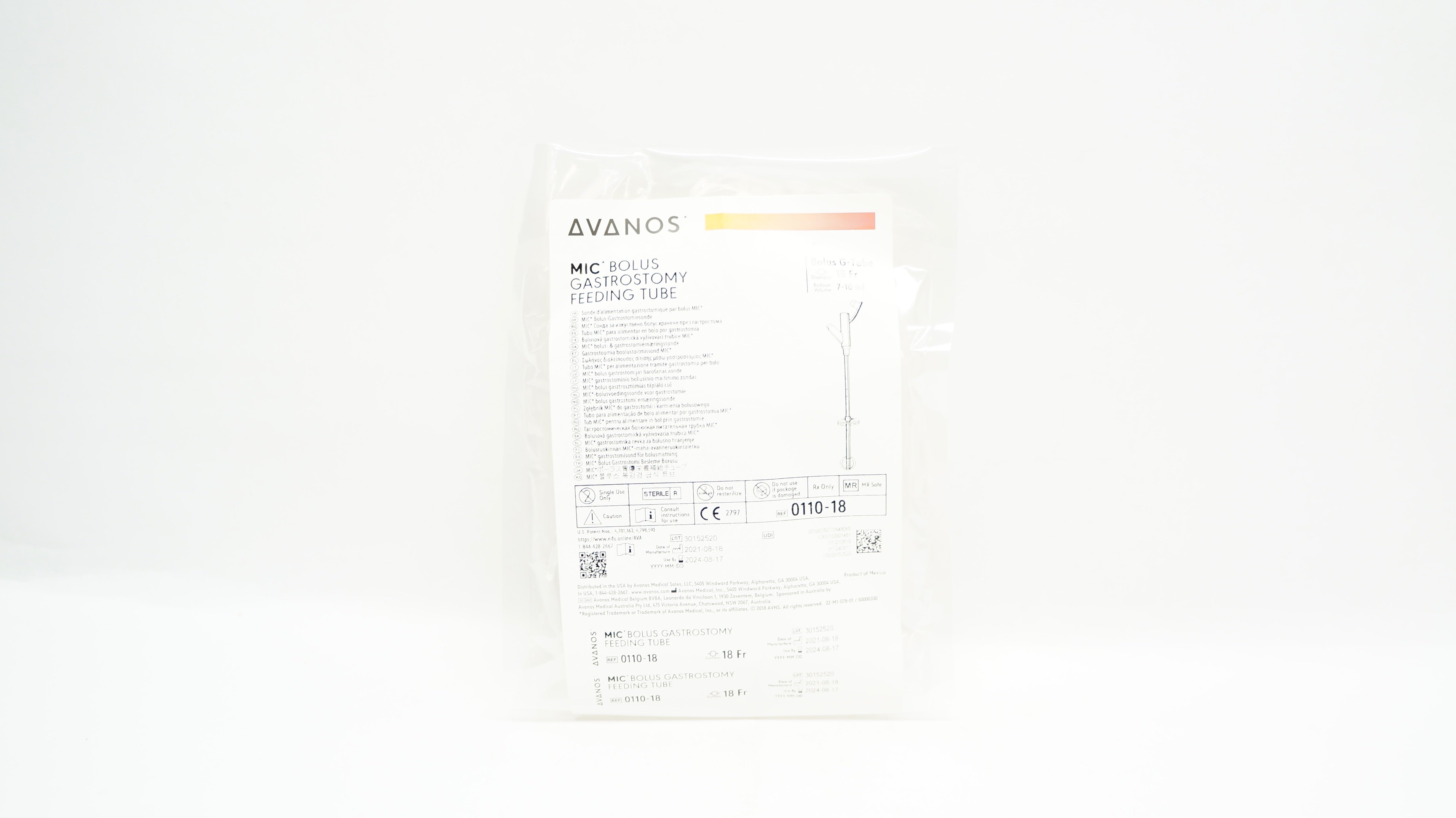 Avanos 0110-18 MIC Bolus Gastrostomy Feeding Tube 18Fr 7-10ml