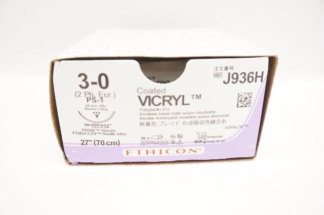 Ethicon J936H 3-0 VICRYL PS-1 24mm 3/8c Reverse Cutting 27inch ~ Box of 35