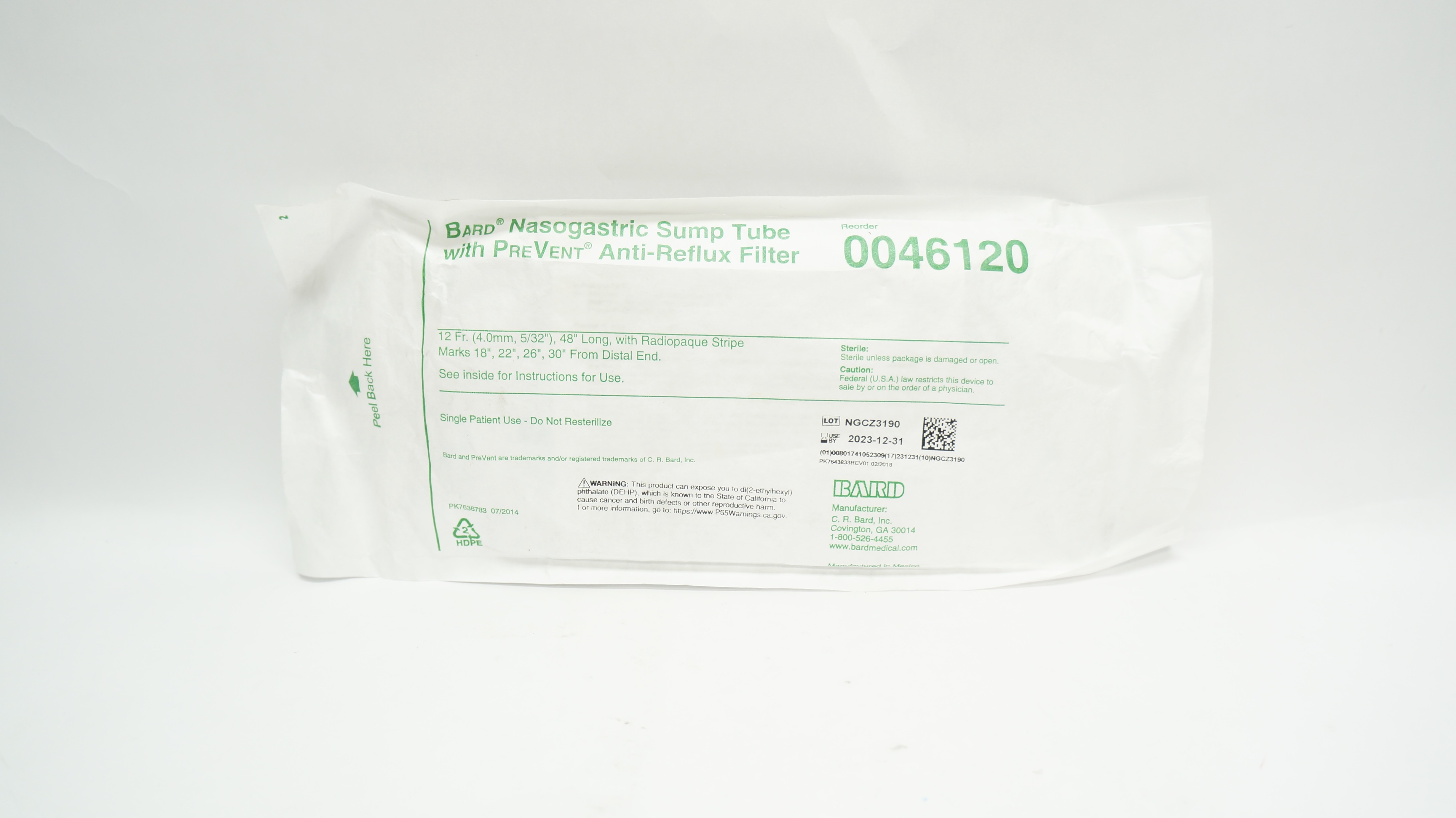 Bard 0046120 Nasogastric Sump Tube with PreVent Anti-Reflux Filter
