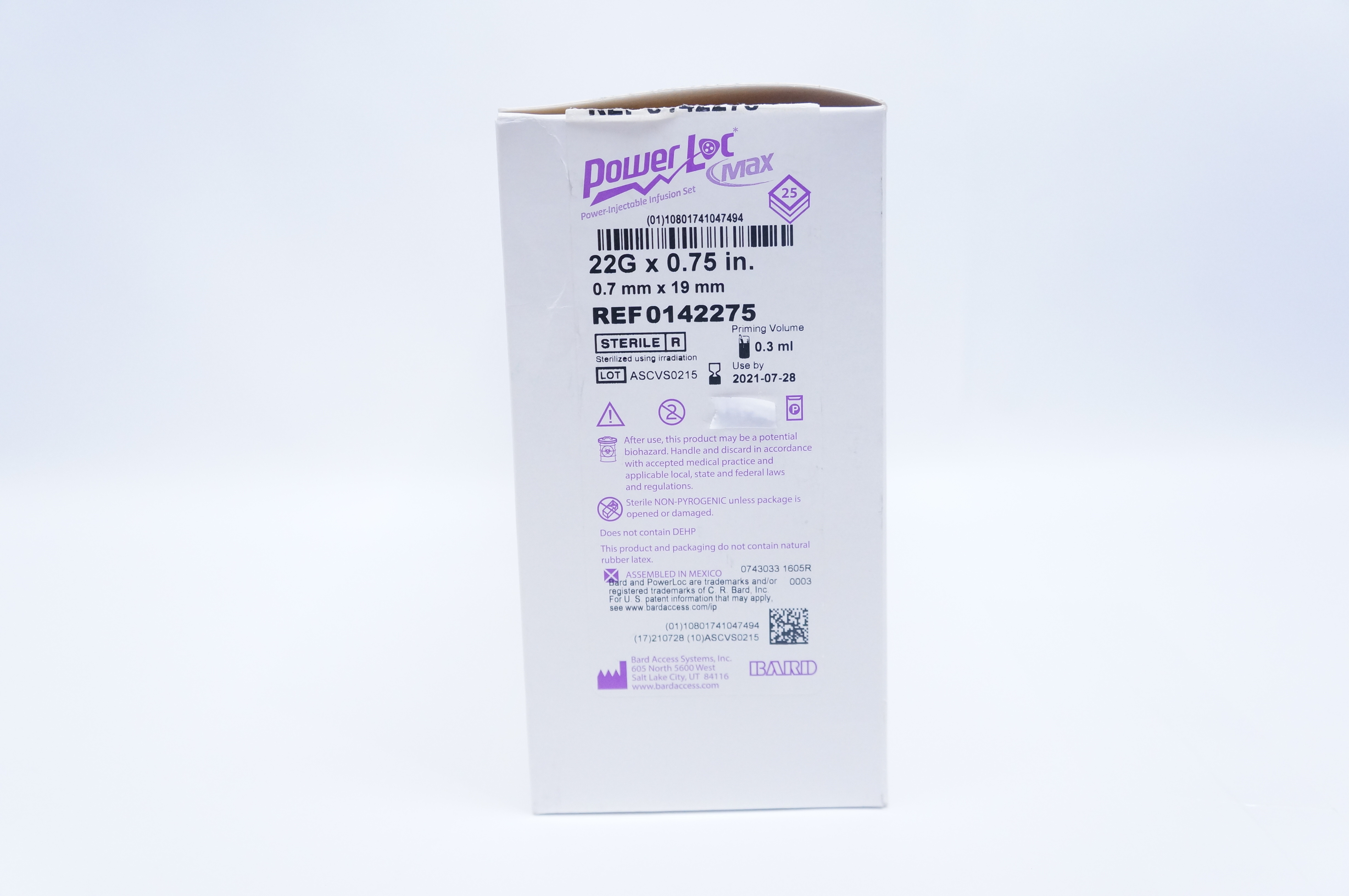 Bard 0142275 PowerLoc Max Power-Injectable Infusion Set 22G x 0.75in -Box of 25