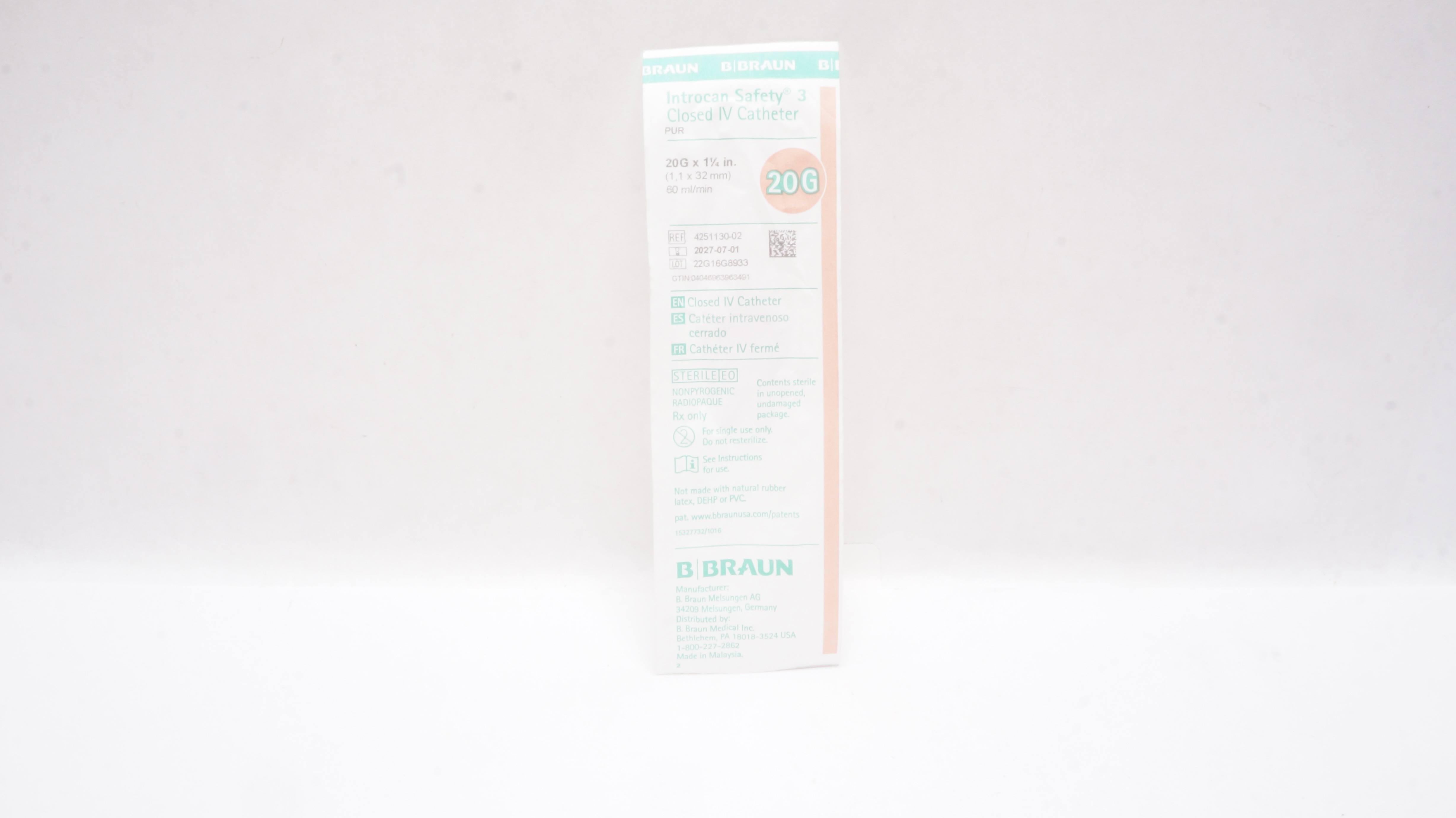 Braun 4251130-02 Introcan Safety 3 Closed IV Cath. Pur 20Ga. x 1 1/4In 60ml