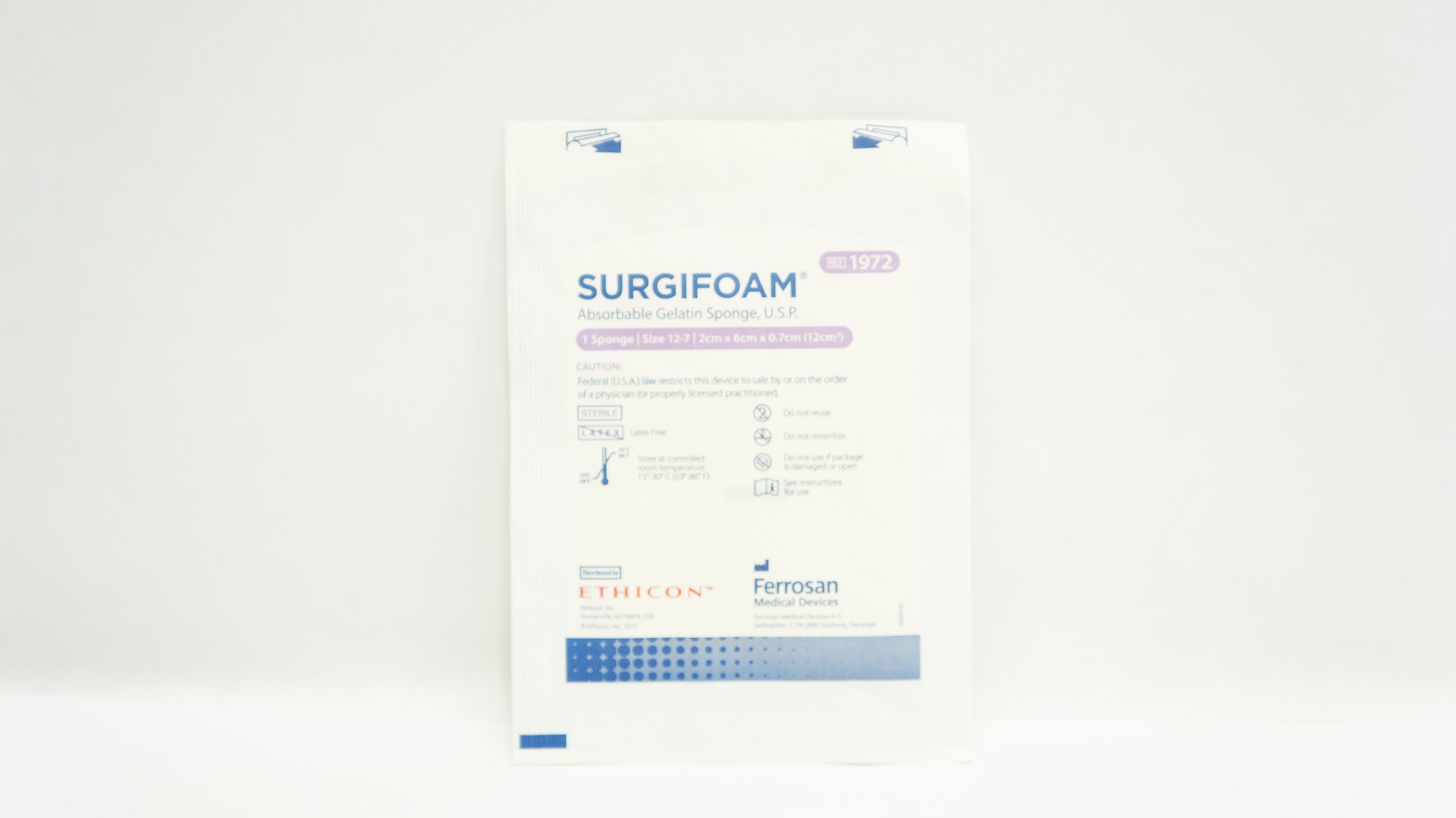 Ethicon 1972 SURGIFOAM Absorbable Gelatin Sponge U.S.P. Size 12-7, 2 x 6 x 0.7cm
