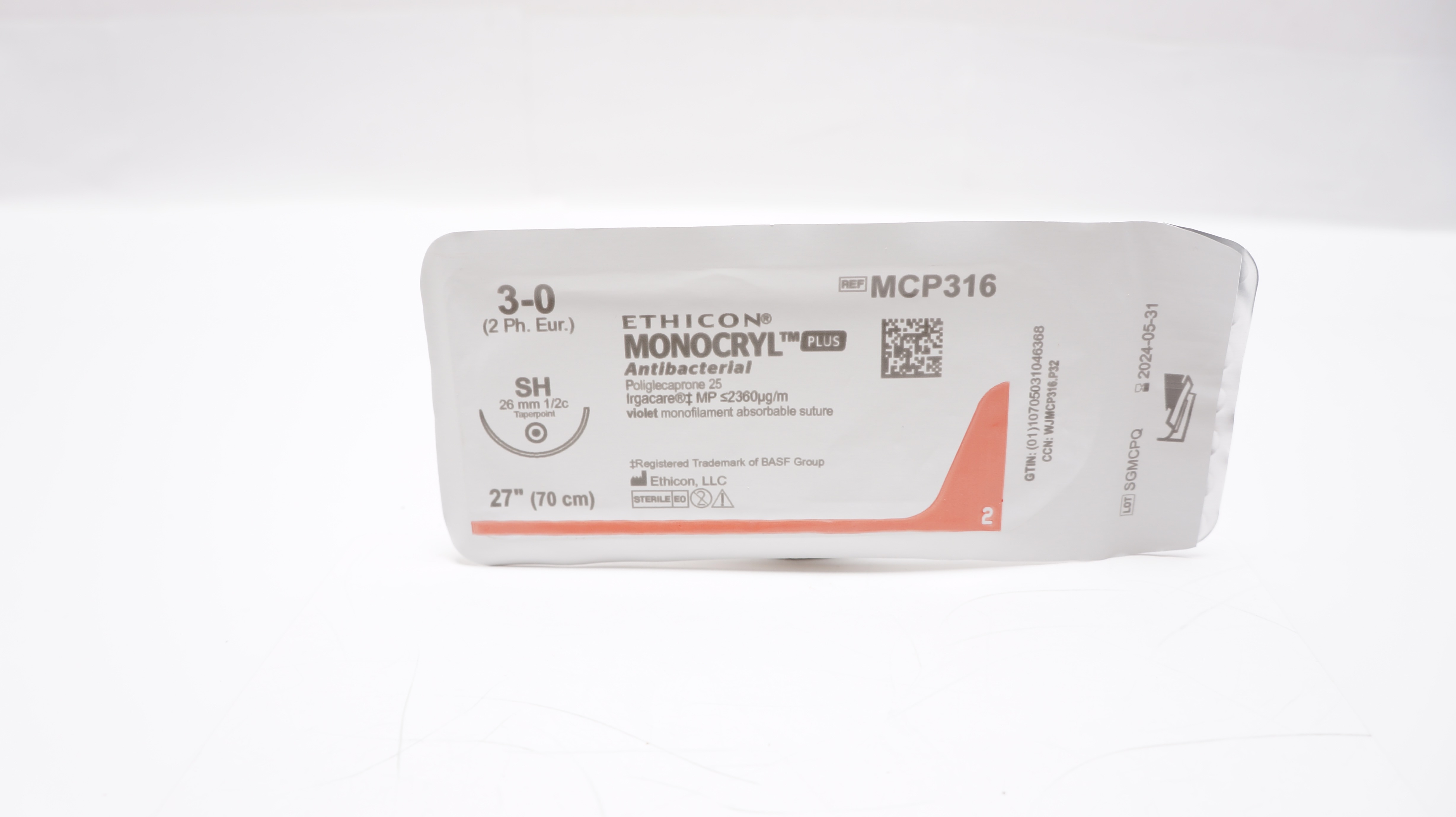 Ethicon MCP316 3-0 MONOCRYL Plus, SH, 26mm 1/2c Taper, 27inch