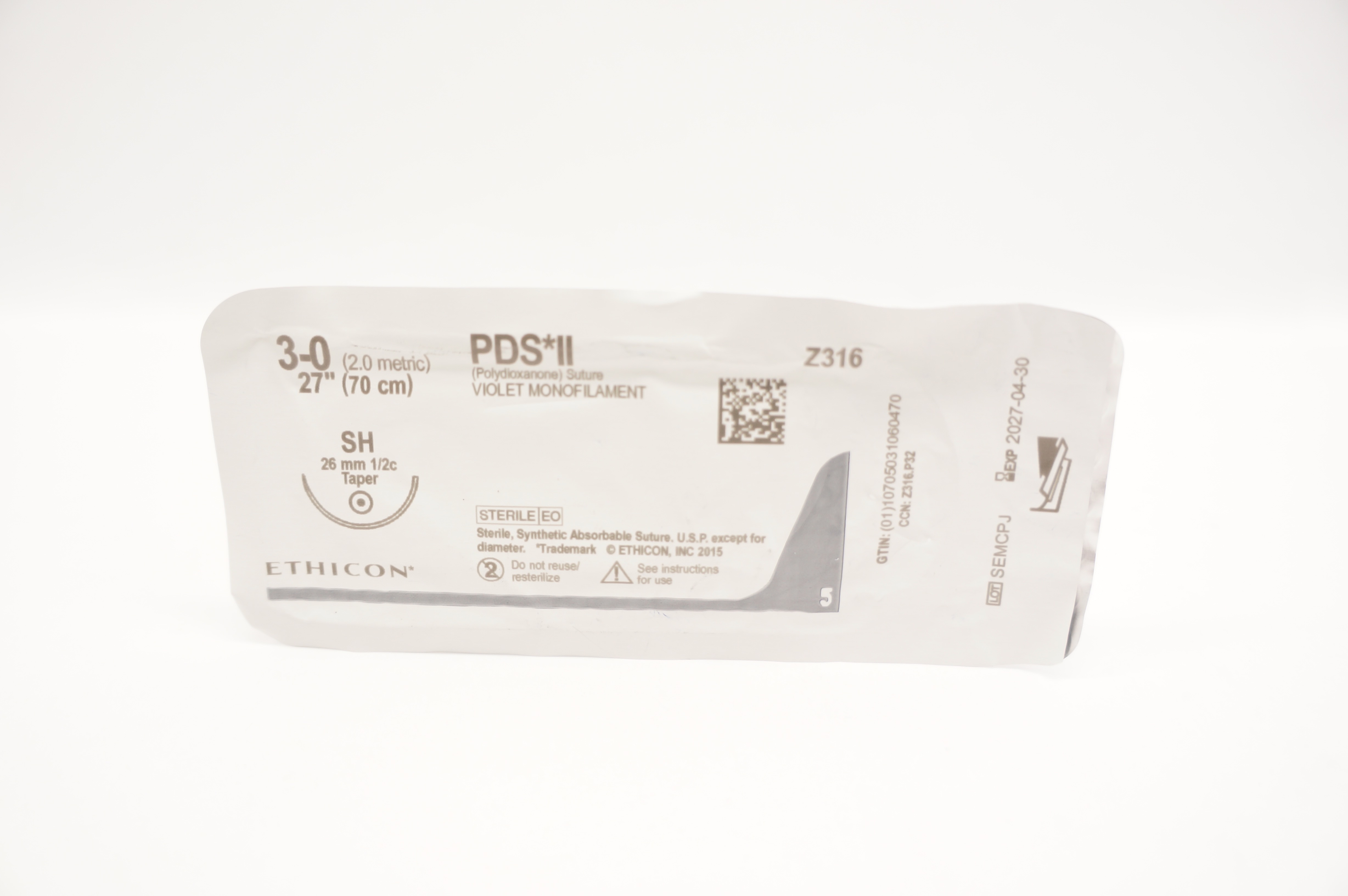 Ethicon Z316 3-0 PDS II Violet Monofilament Stre SH 26mm 1/2c Taper 27inch