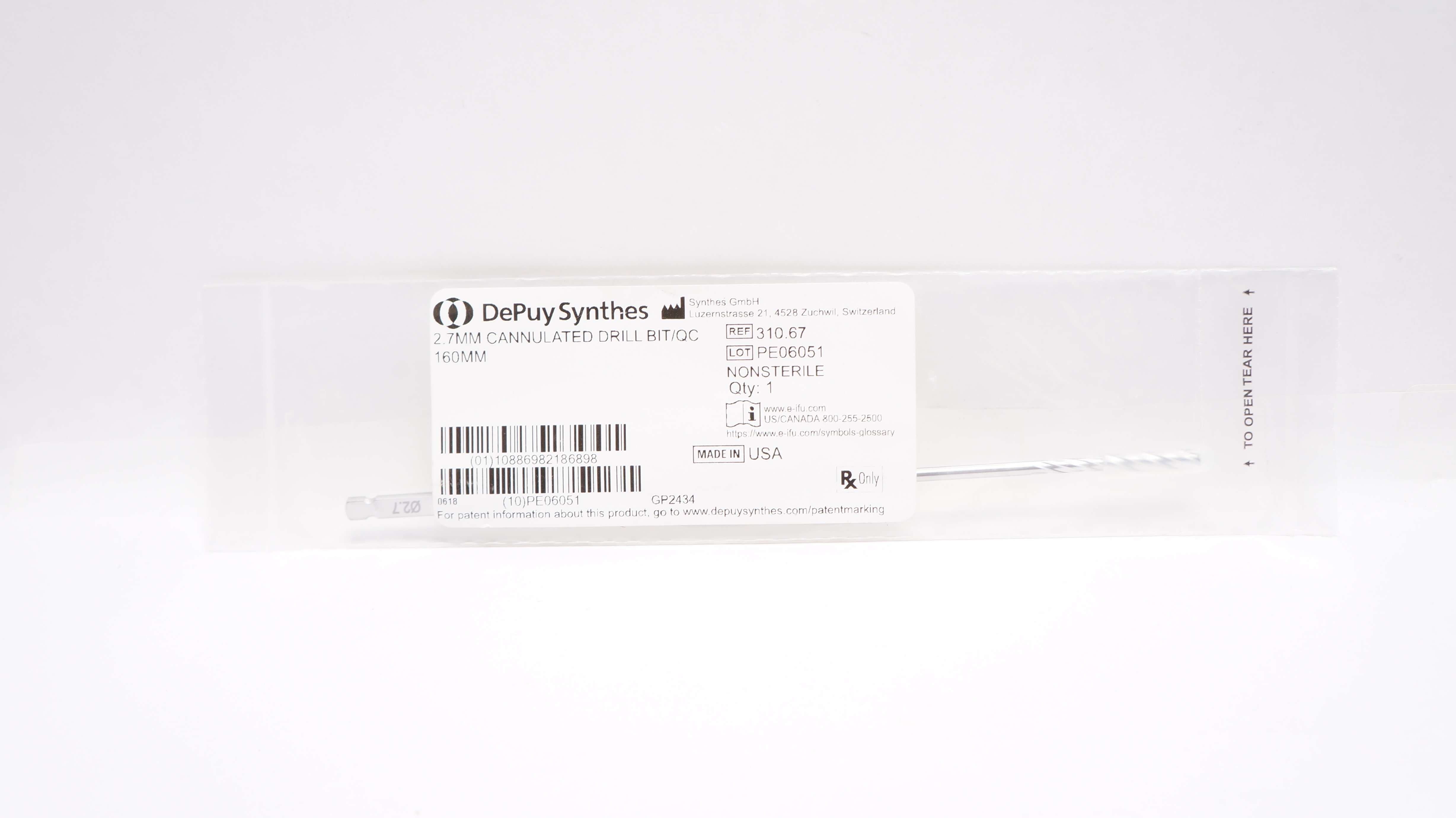 DePuy Synthes 310.67 Cannulated Drill Bit/QC 2.7mm x 160mm