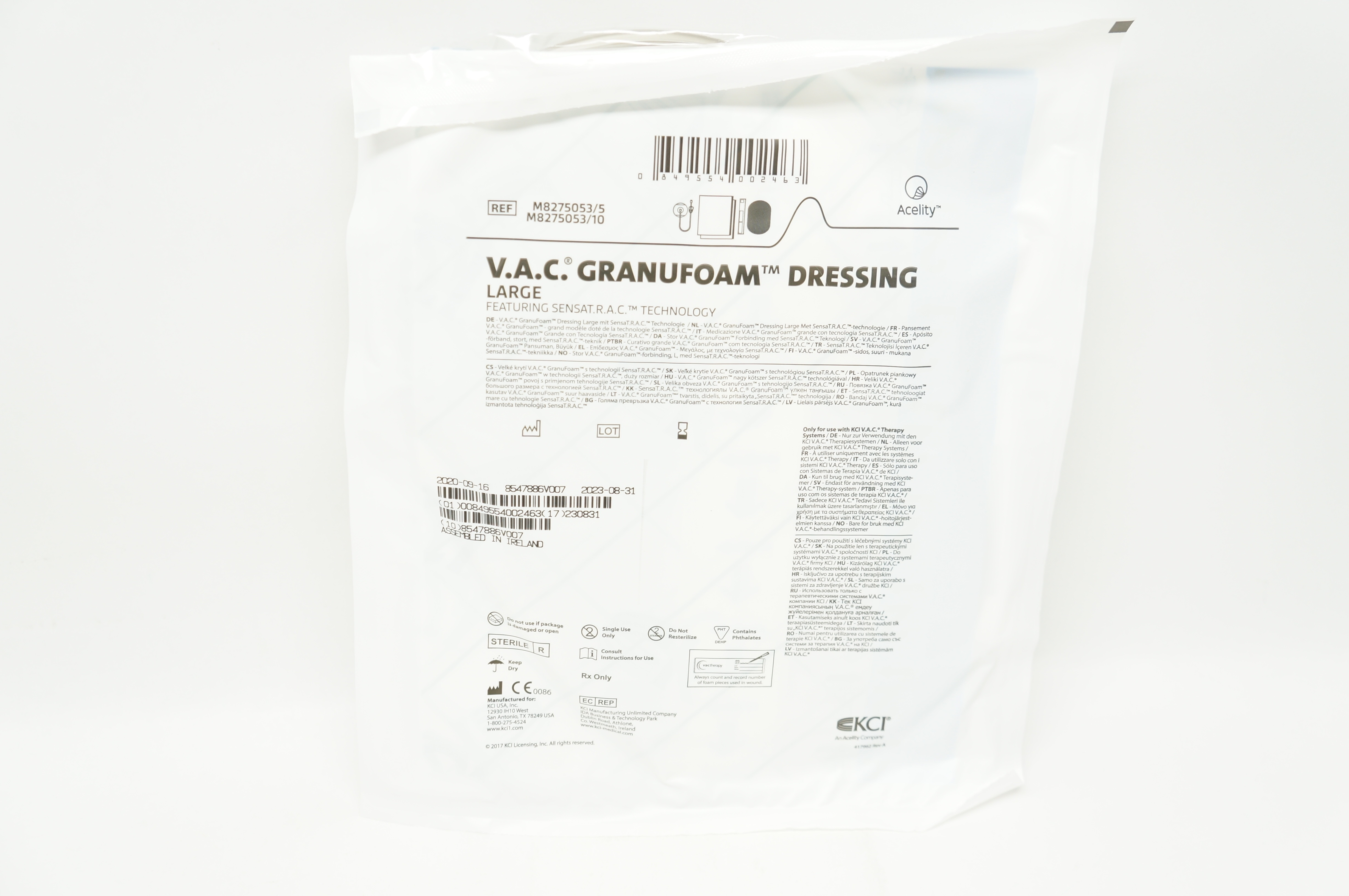 KCI M8275053/5 V.A.C. Granufoam Dressing Featuring SENSAT.R.A.C. Technology, L