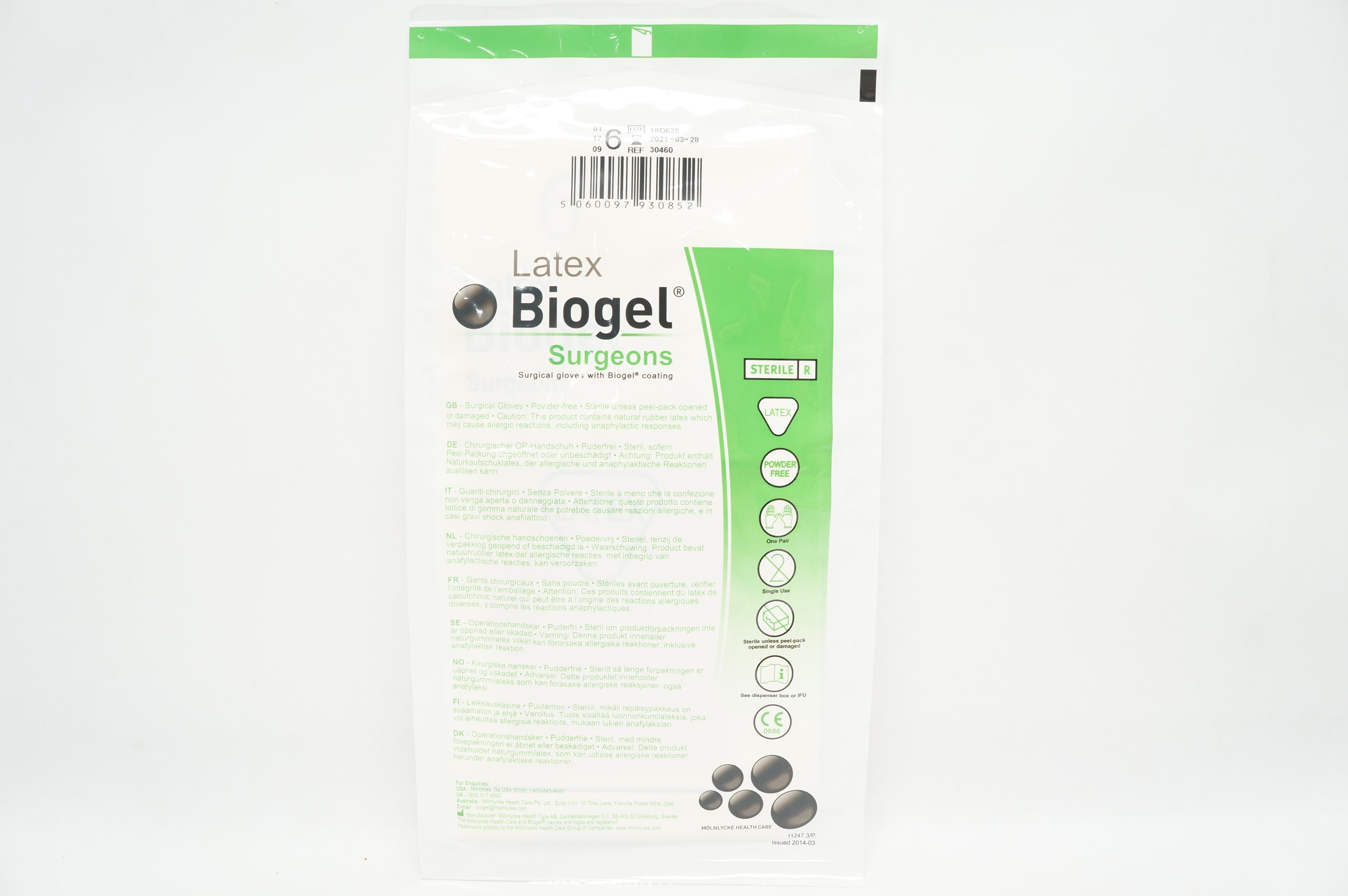 Molnlycke Health Care 30460 Biogel Surgeons Surgical Gloves, Size 6 (x)