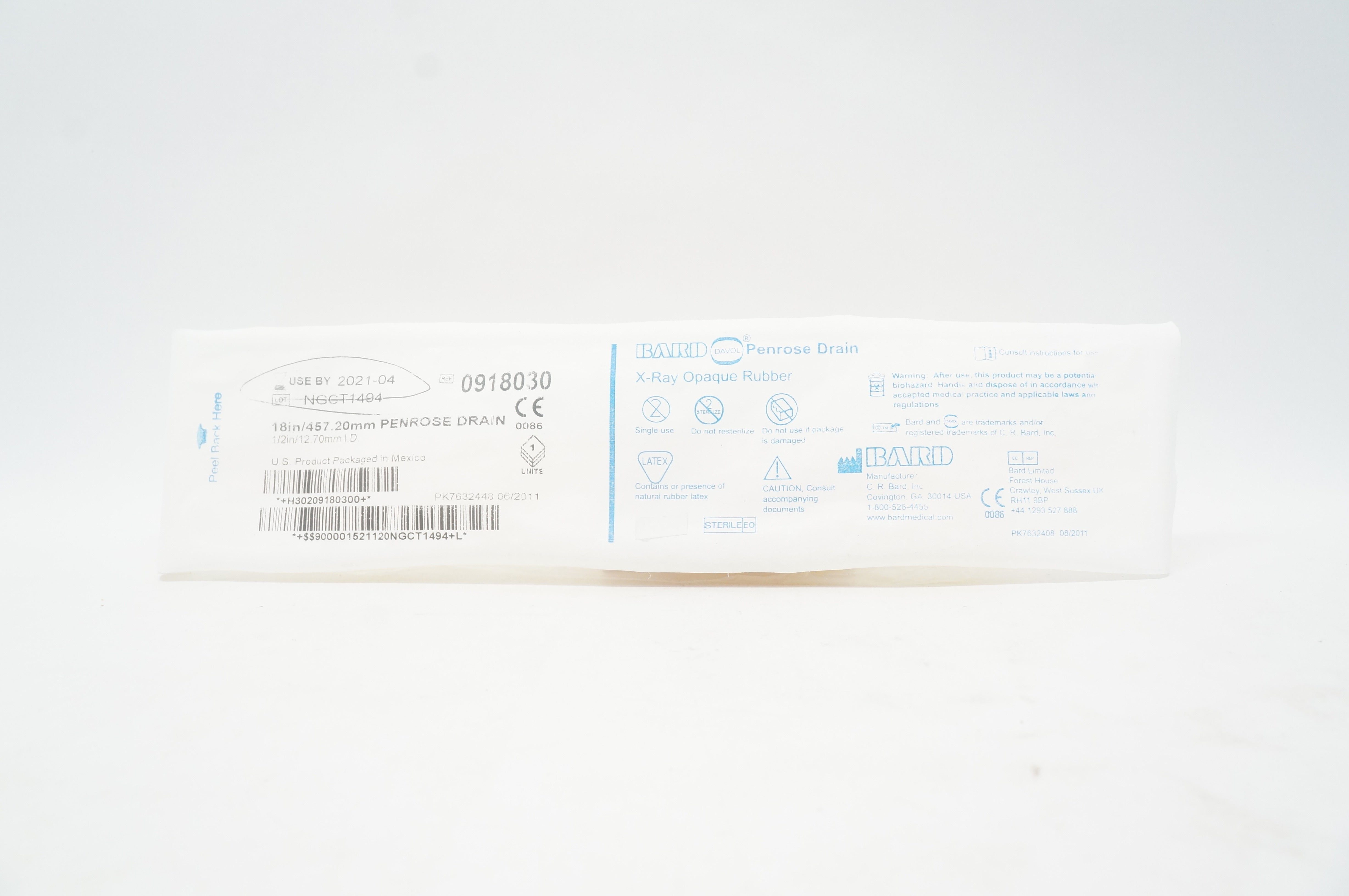 Bard 0918030 Davol Penrose Drain X-Ray Opaque Rubber 1/2inch ID x 18inch (x)