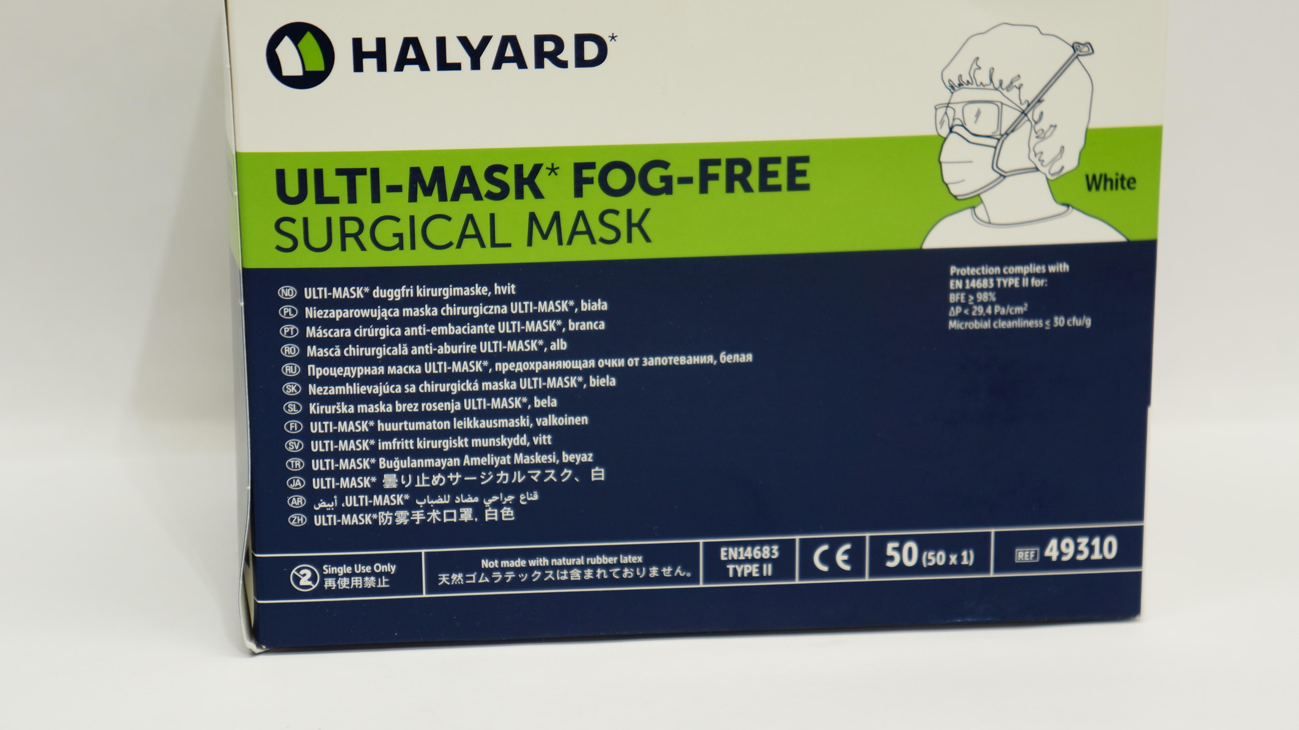 Halyard 49310 Ulti-Mask Fog-Free Surgical Mask, White - Box of 50