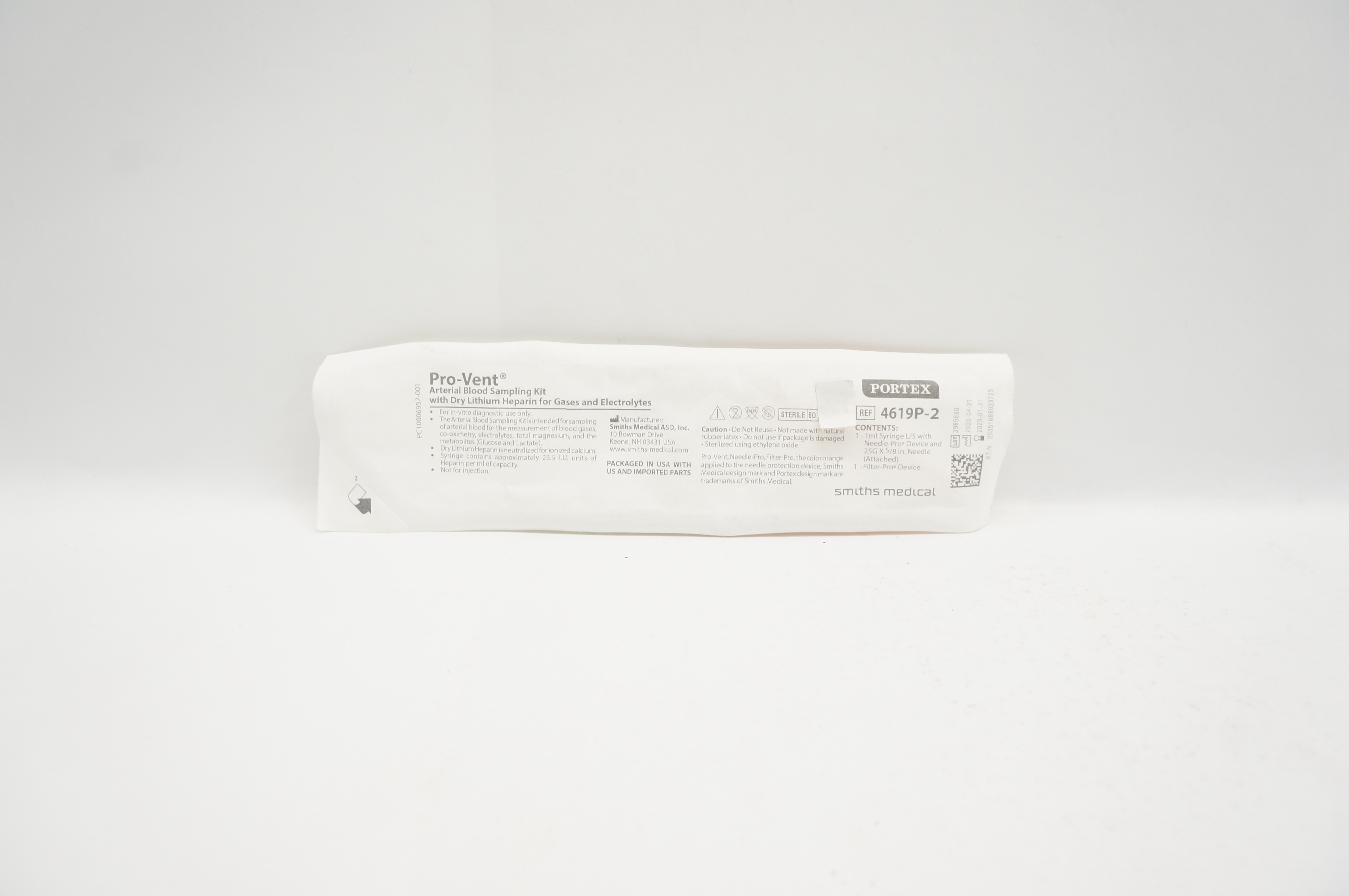 Smith Medical 4619P-2 Portex Pro-Vent Arterial Blood Sampling Kit