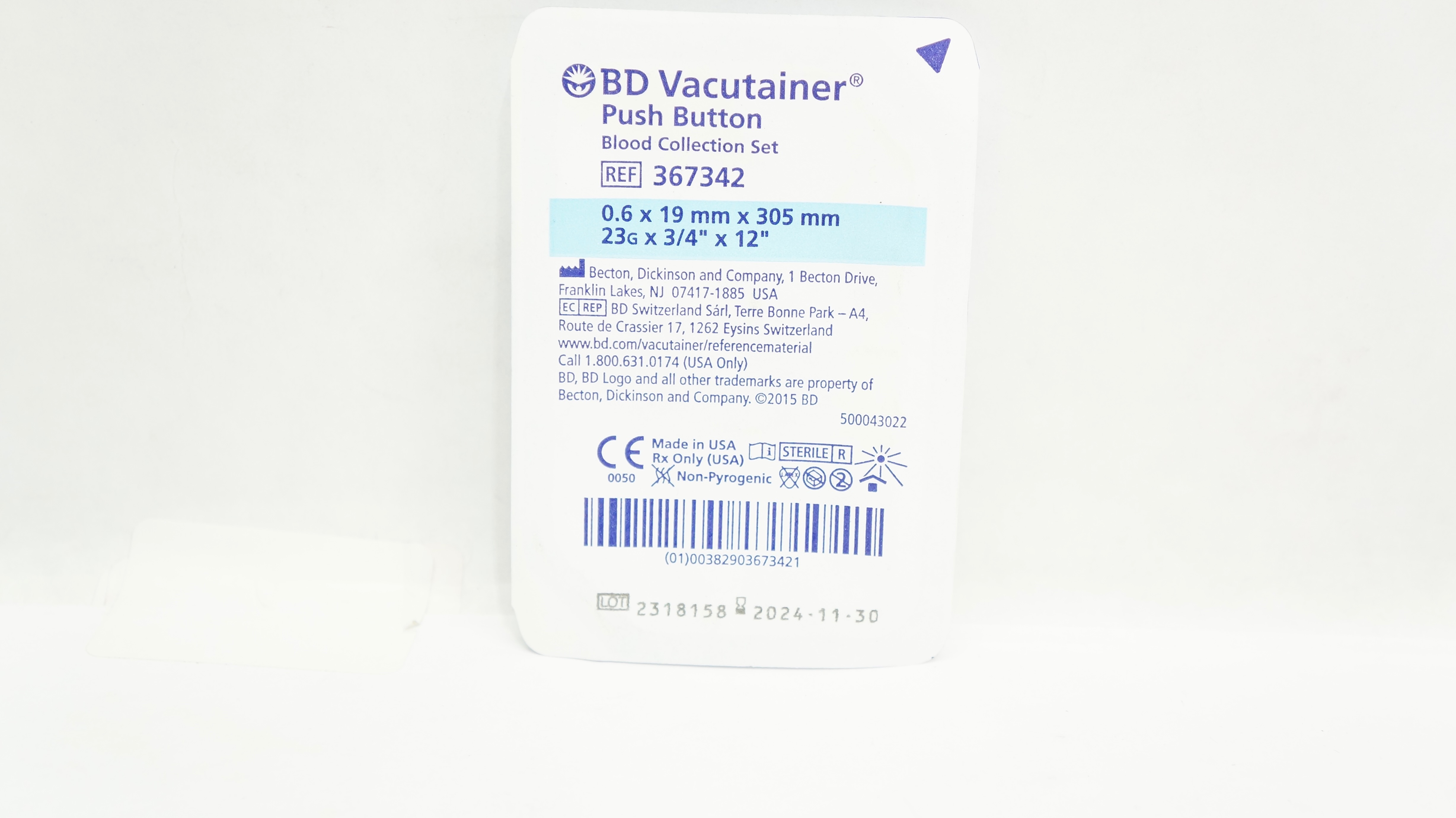 BD 367342 Vacutainer Push Button Blood Collection Set 23G x 3/4inch x 12inch