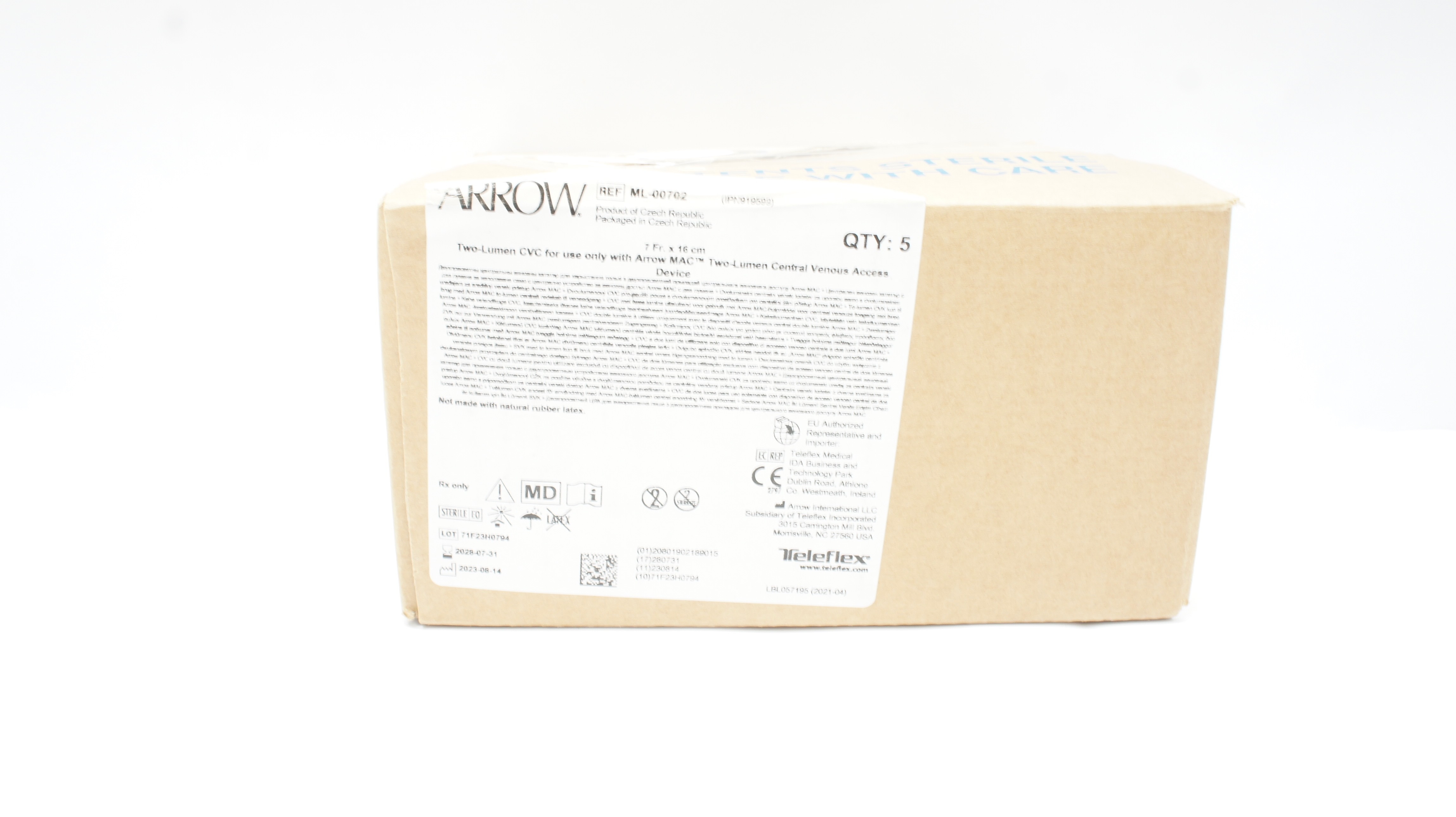 Arrow ML-00702 Two-Lumen Central Venous Cath. w/FlexTip 7Fr x 16cm - Box of 5