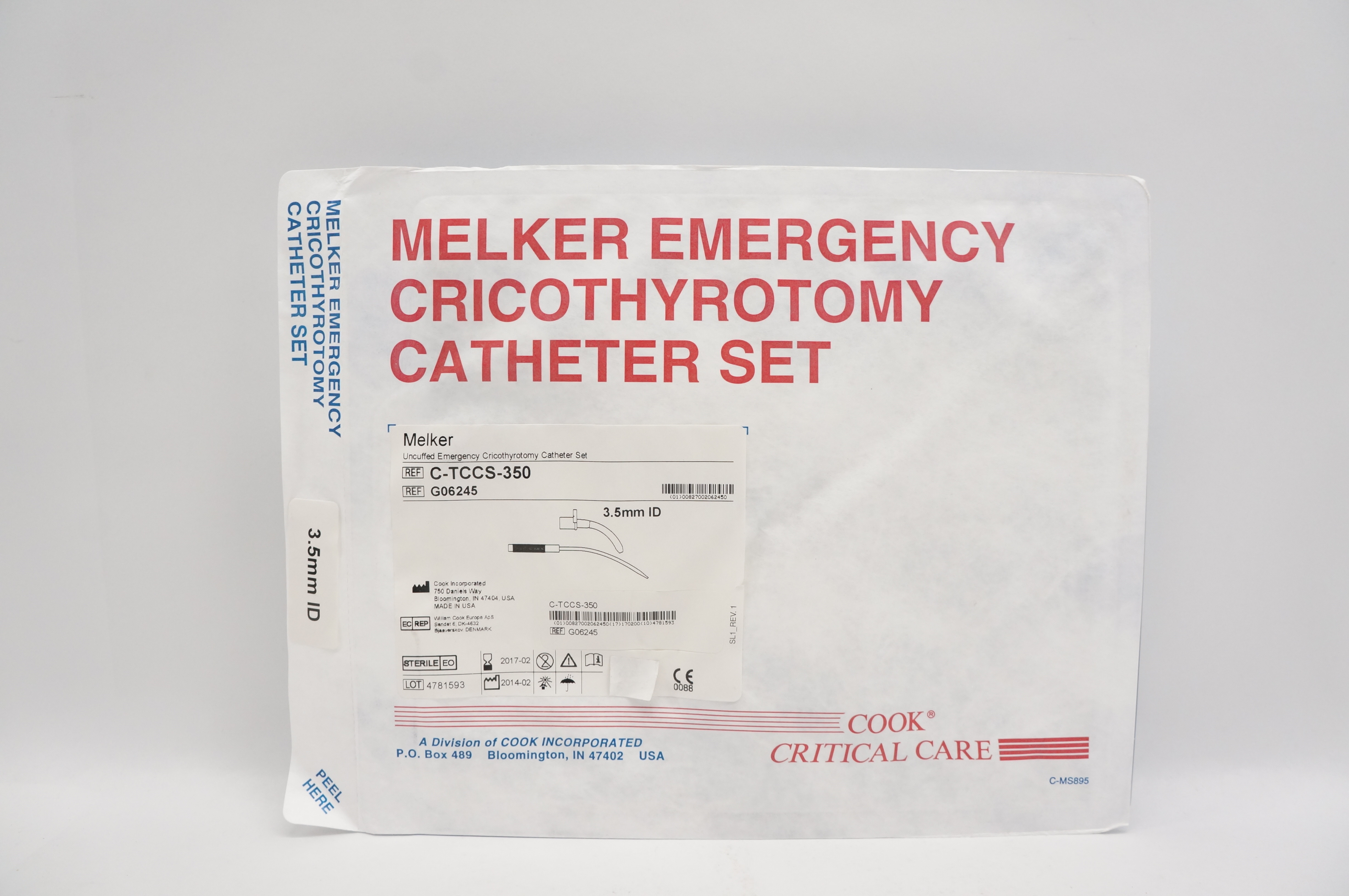Cook G06245 Melker Uncuffed Emergency Cricothyrotomy Cath. Set 3.5mm ID (x)