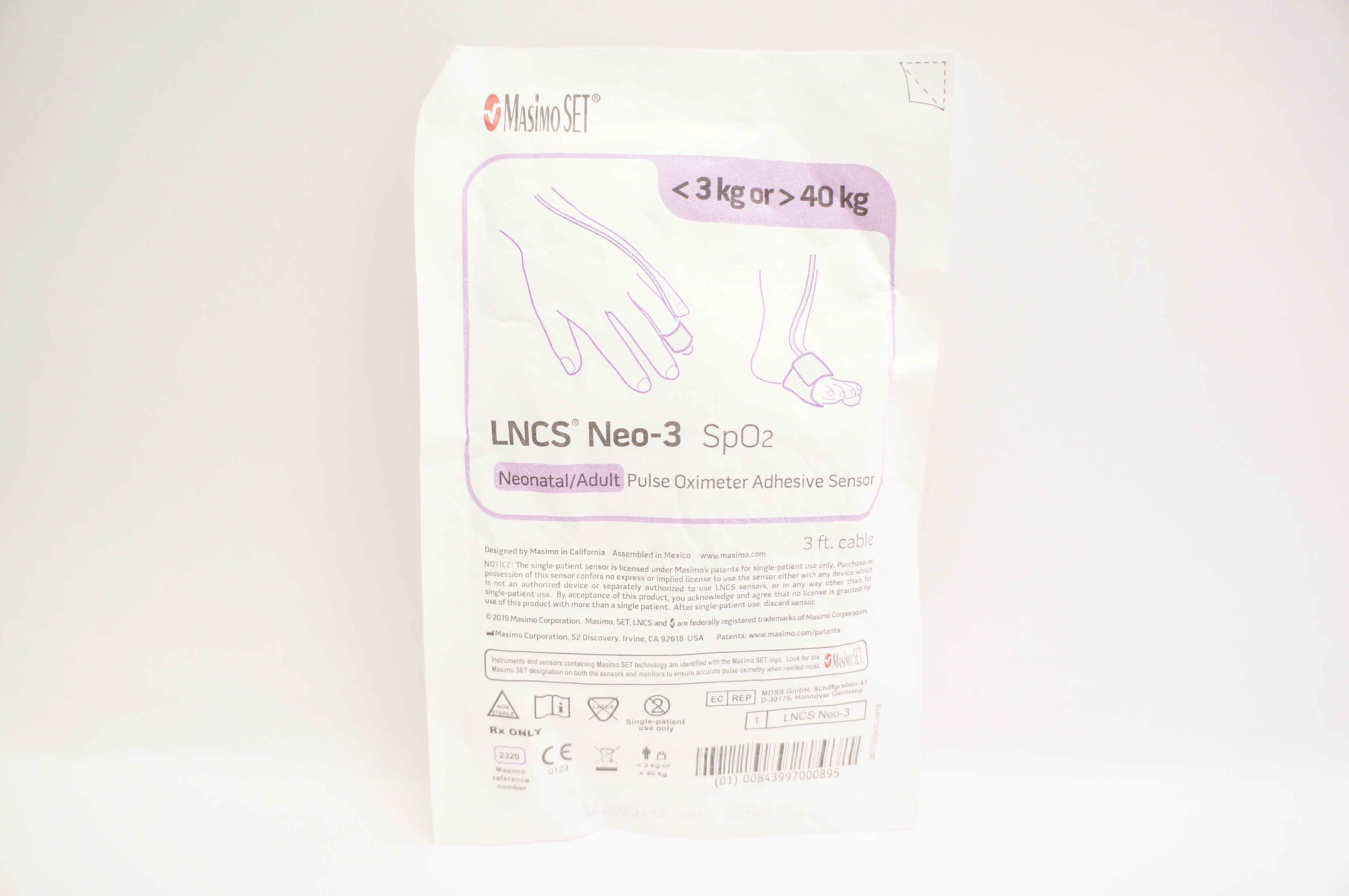 MasimoSet 2320 LNCS Neo-3 SpO₂ Pulse Oximeter Adhesive Sensor <3kg or > 40kg