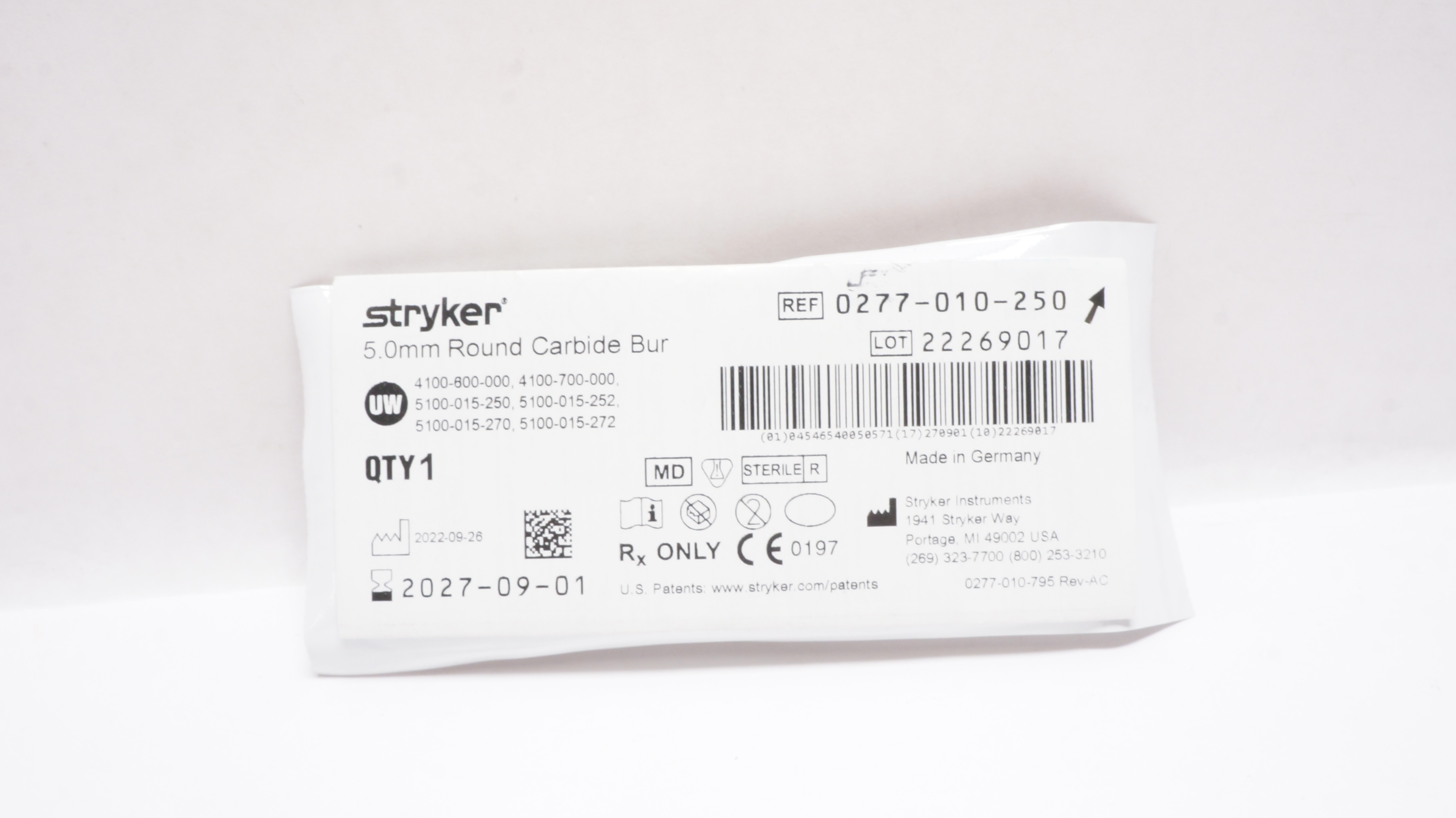 Stryker 0277-010-250 Round Carbide Bur 5.0mm