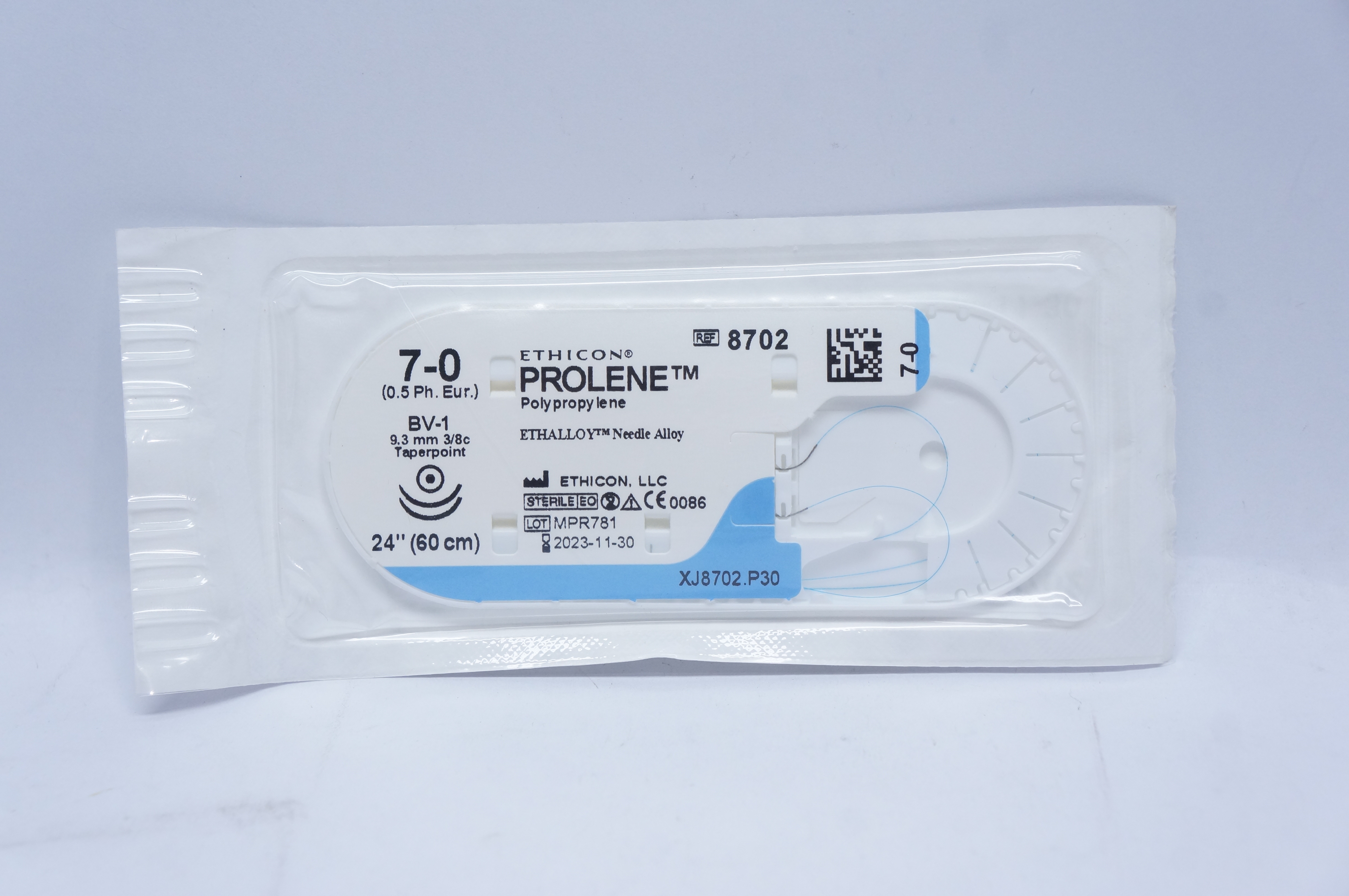 Ethicon 8702 7-0 PROLENE, BV-1, 9.3mm 3/8c Taperpoint, 24inch