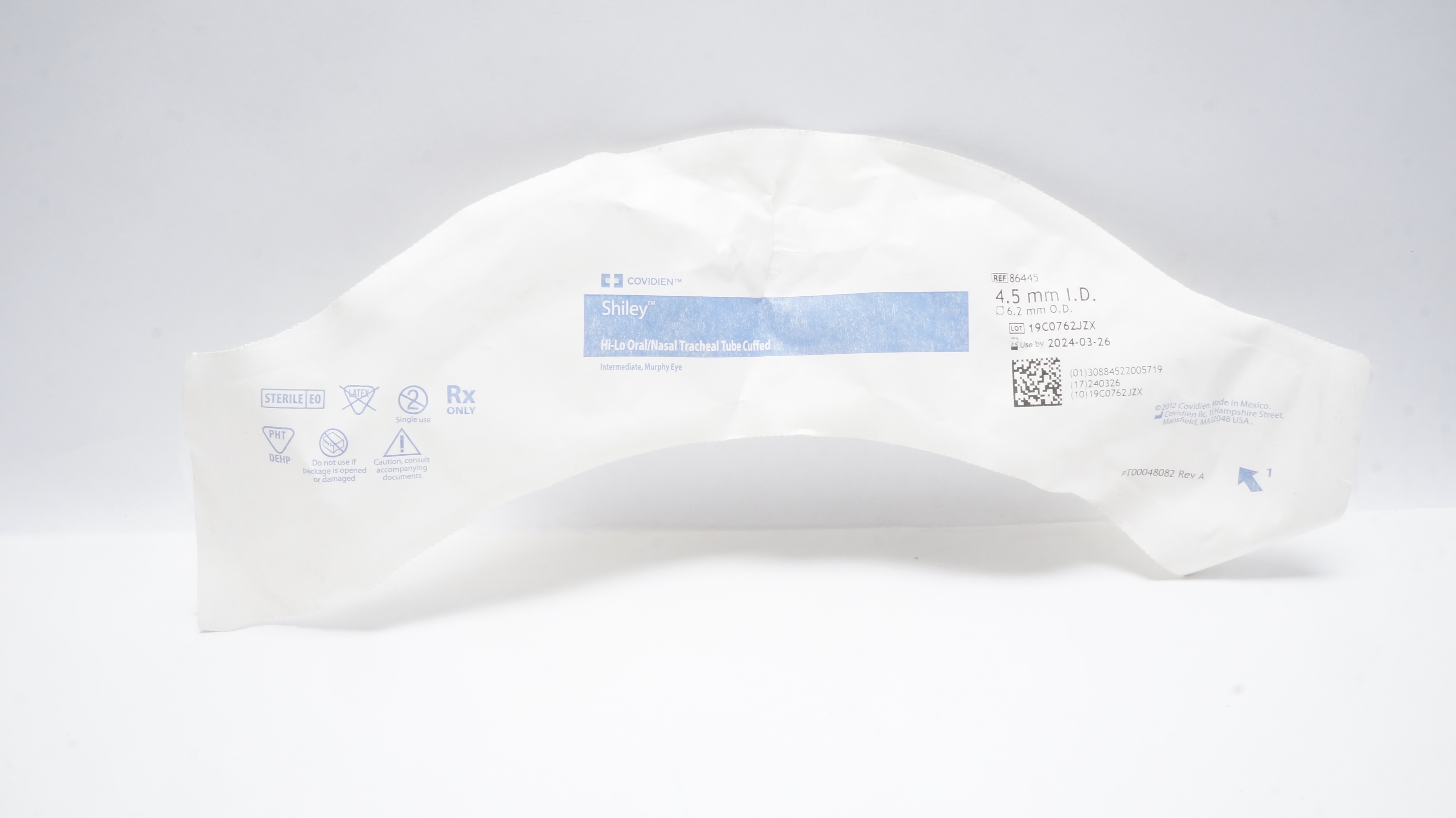 Covidien 86445 Shiley Hi-Lo Oral/Nasal Tracheal Tube Cuffed 4.5 ID x 6.2mm OD(x)
