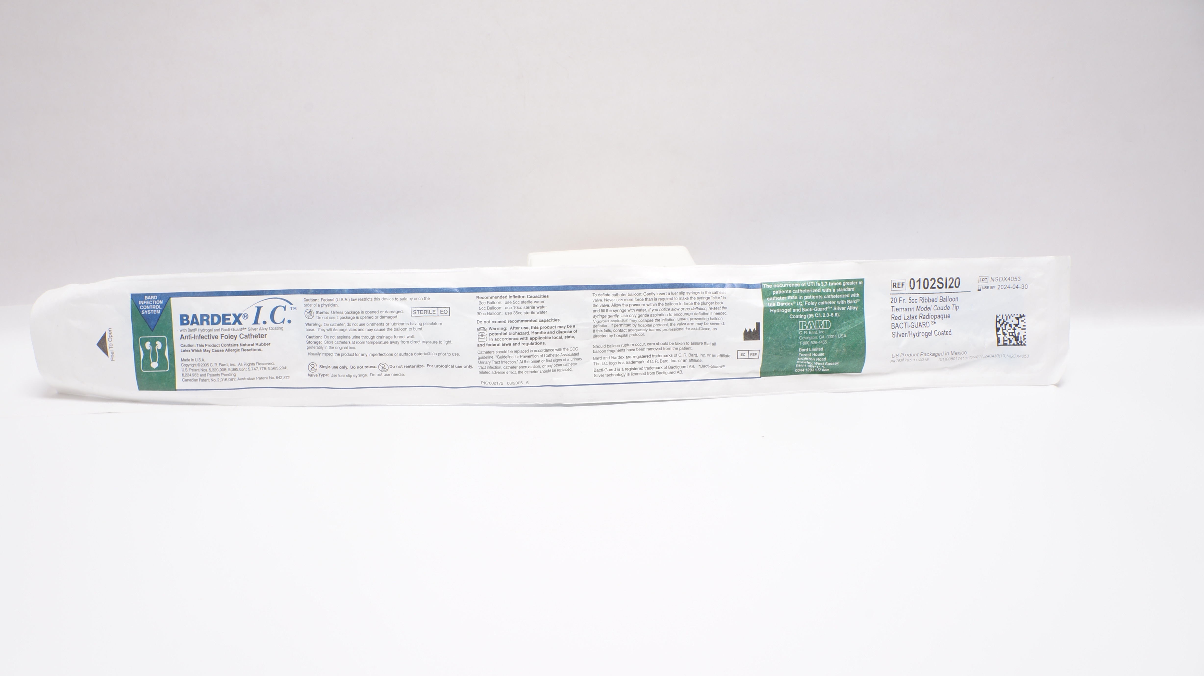 Bard 0102SI20 Bardex I.C. Anti-Infective Foley Cath. 20Fr 5cc Ribbed Balloon