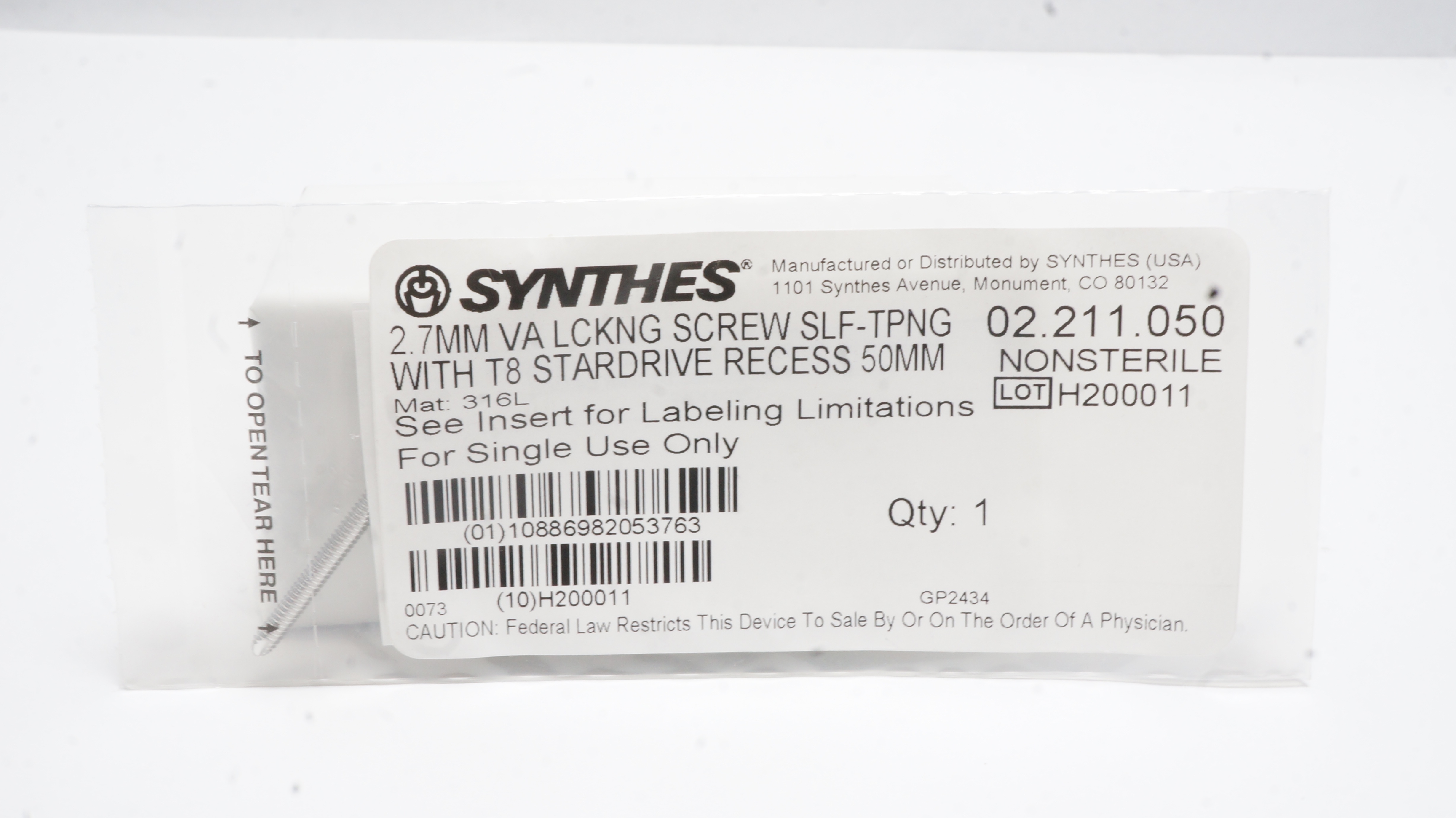 Synthes 02.211.050 2.7mm VA LCKNG Screw SLF-TPNG w/T8 StarDrive Recess 50mm
