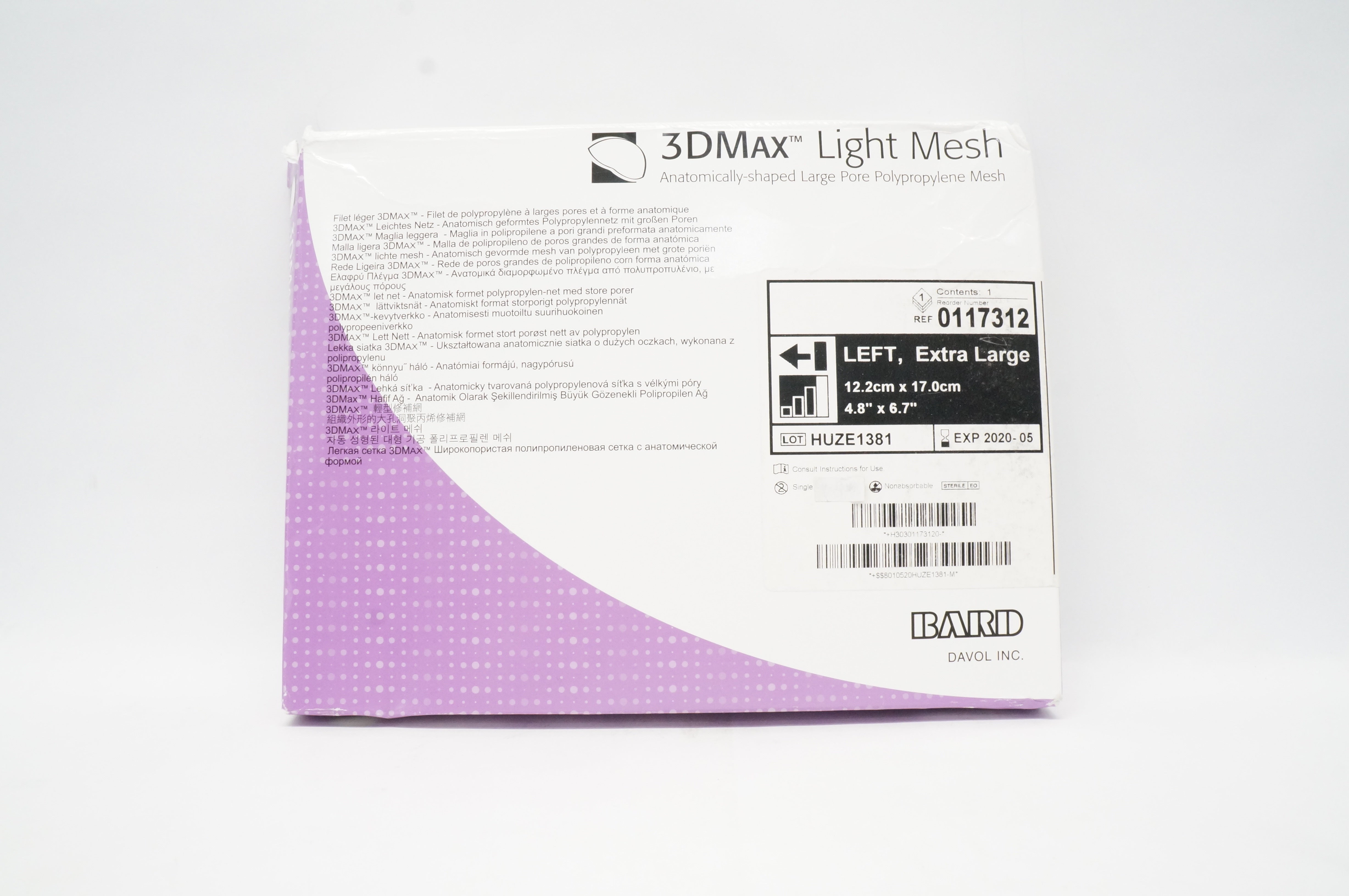 Bard 0117312 Davol 3DMax Light Mesh Left Extra Large 4.8 x 6.7inch (x)