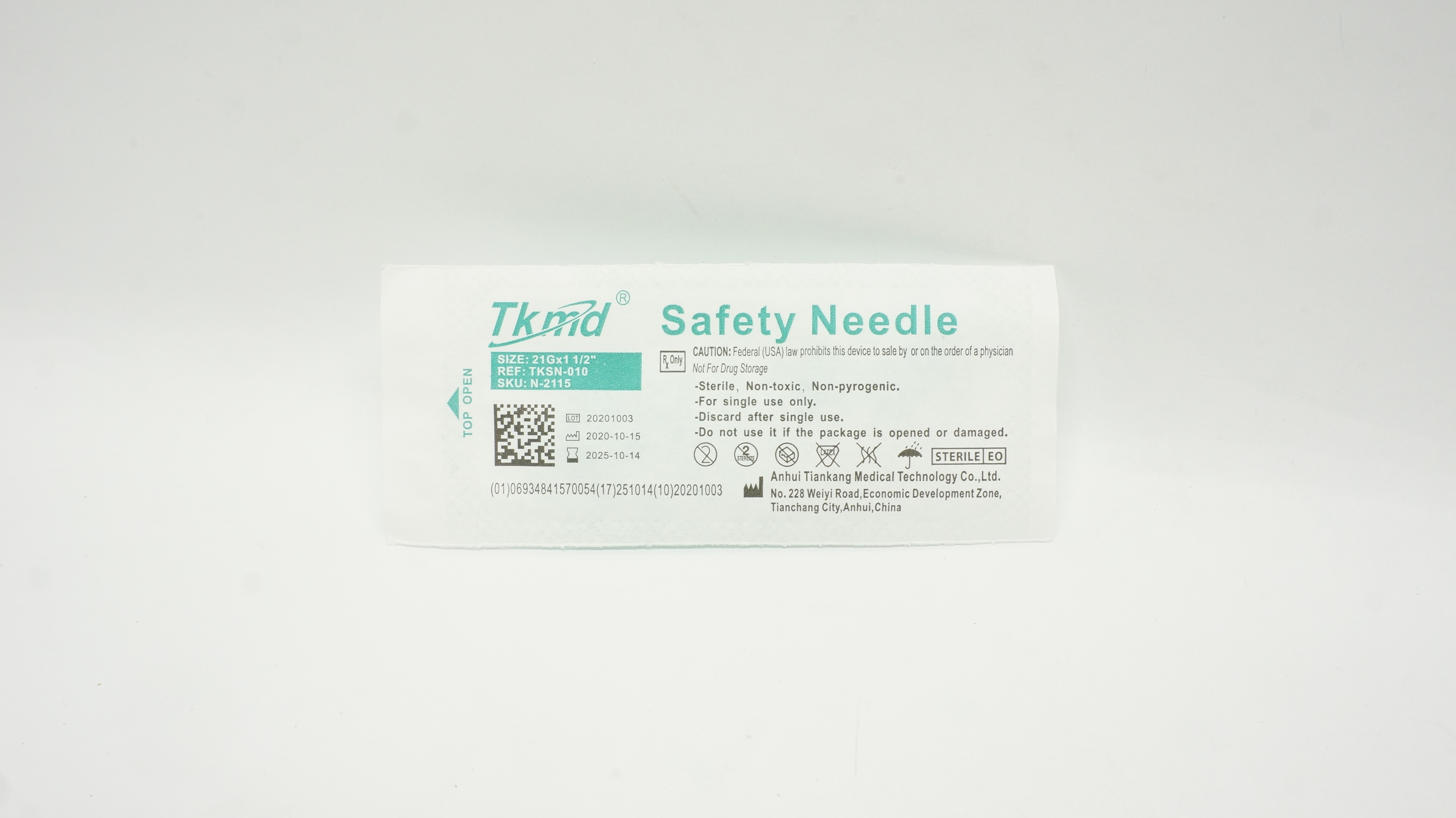 Anhui Tiankang Medical TKSN-010 Tkmd Safety Ndle 21G x 1-1/2 inch