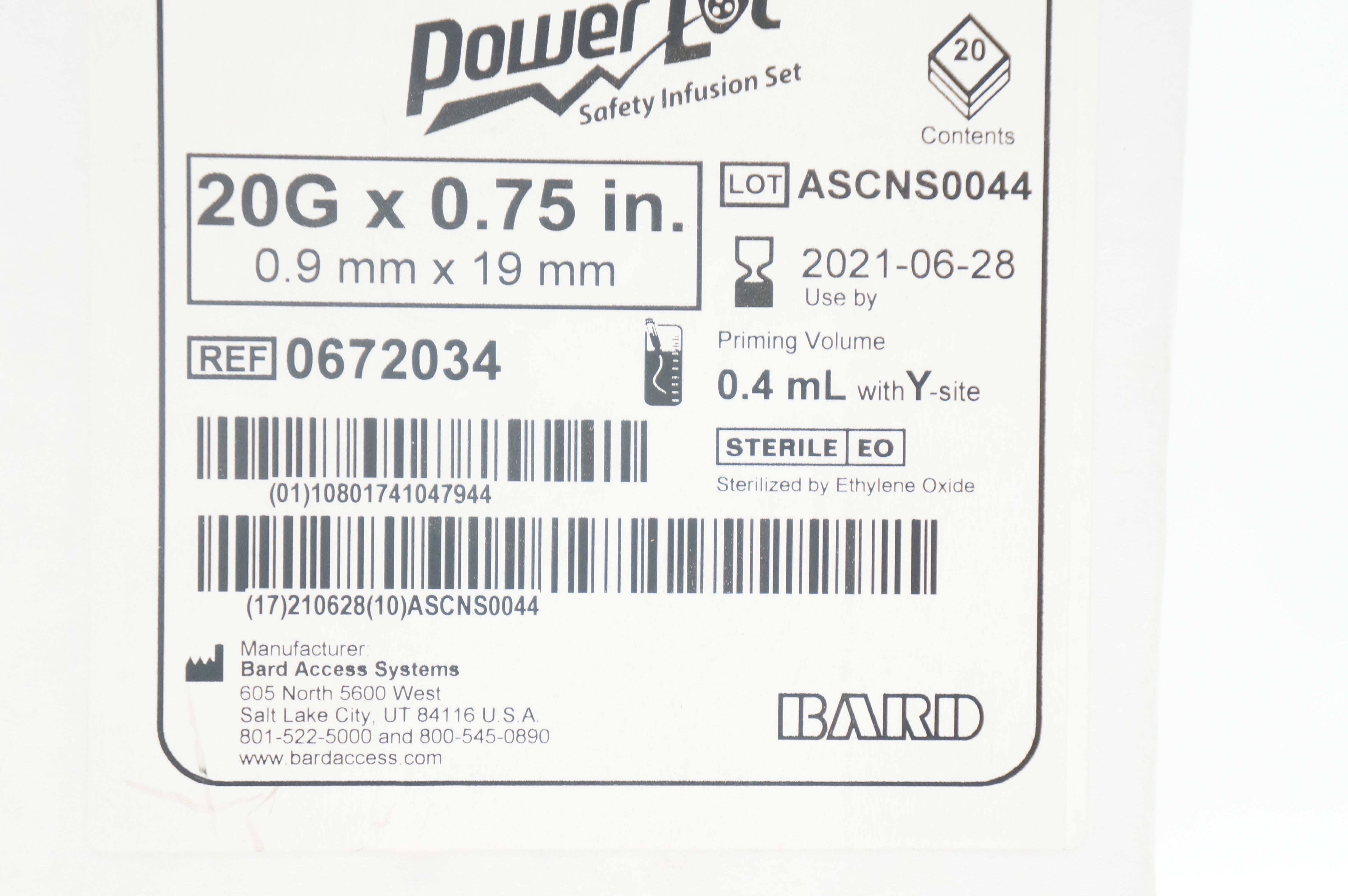 Bard 0672034 Power Loc Safety Infusion Set 20G x 0.75 inch - Box of 20