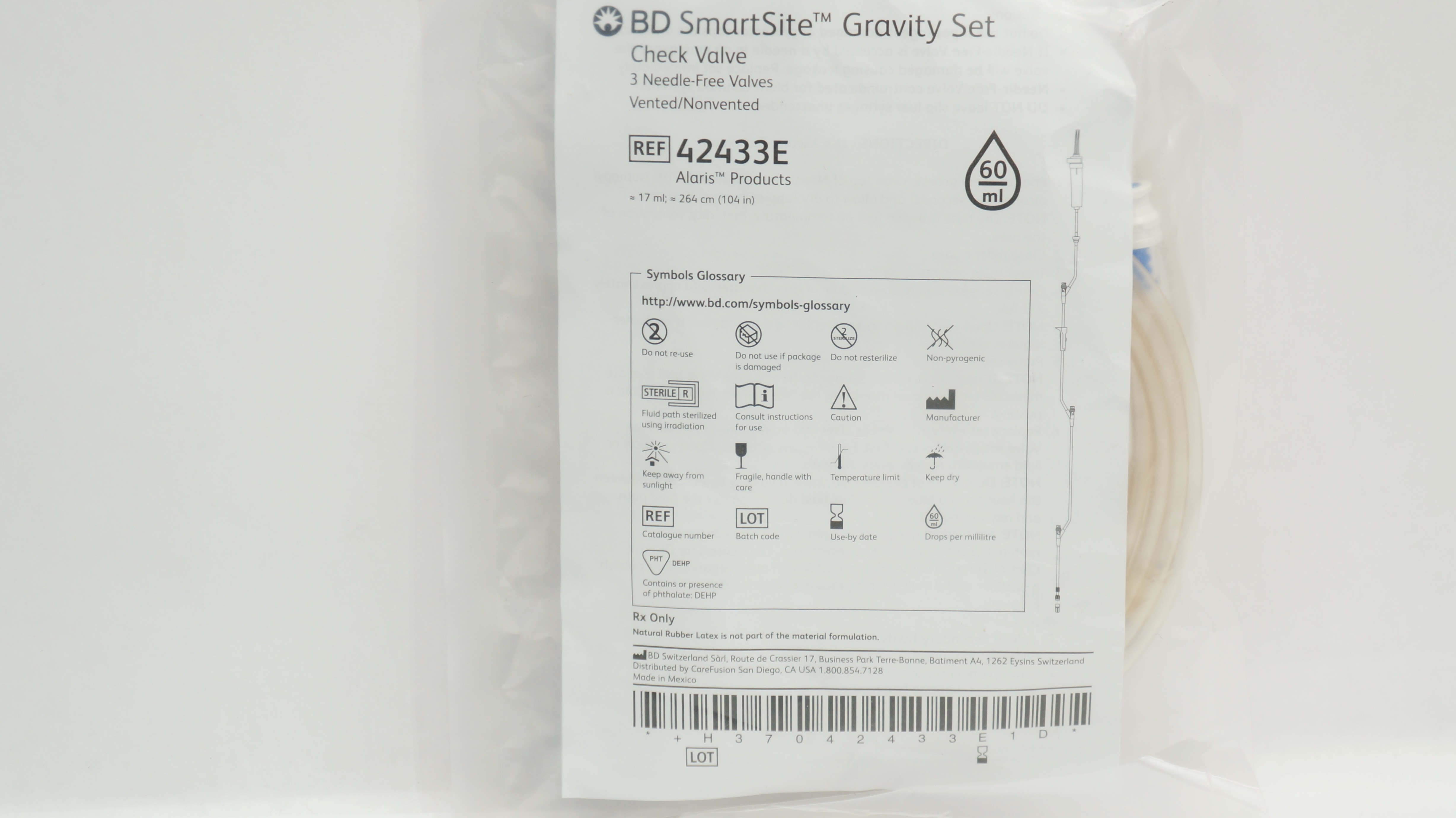 BD 42433E SmartSite Gravity Set Check Valve 17ml x 104inch 60Drops/ml