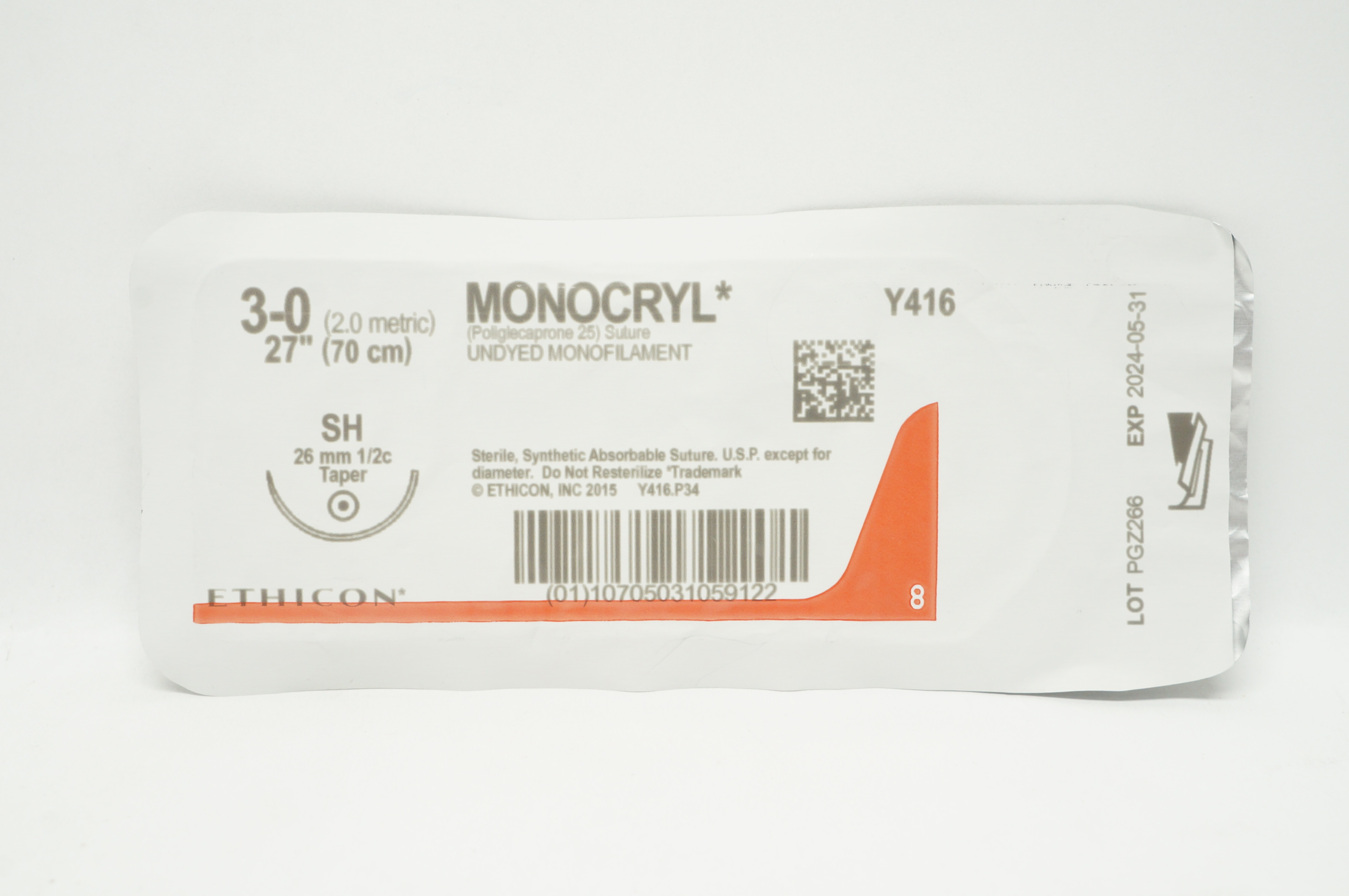 Ethicon Y416 3-0 Monocryl Poliglecaprone 25 Stre SH 26mm 1/2c Taper, 27 inch