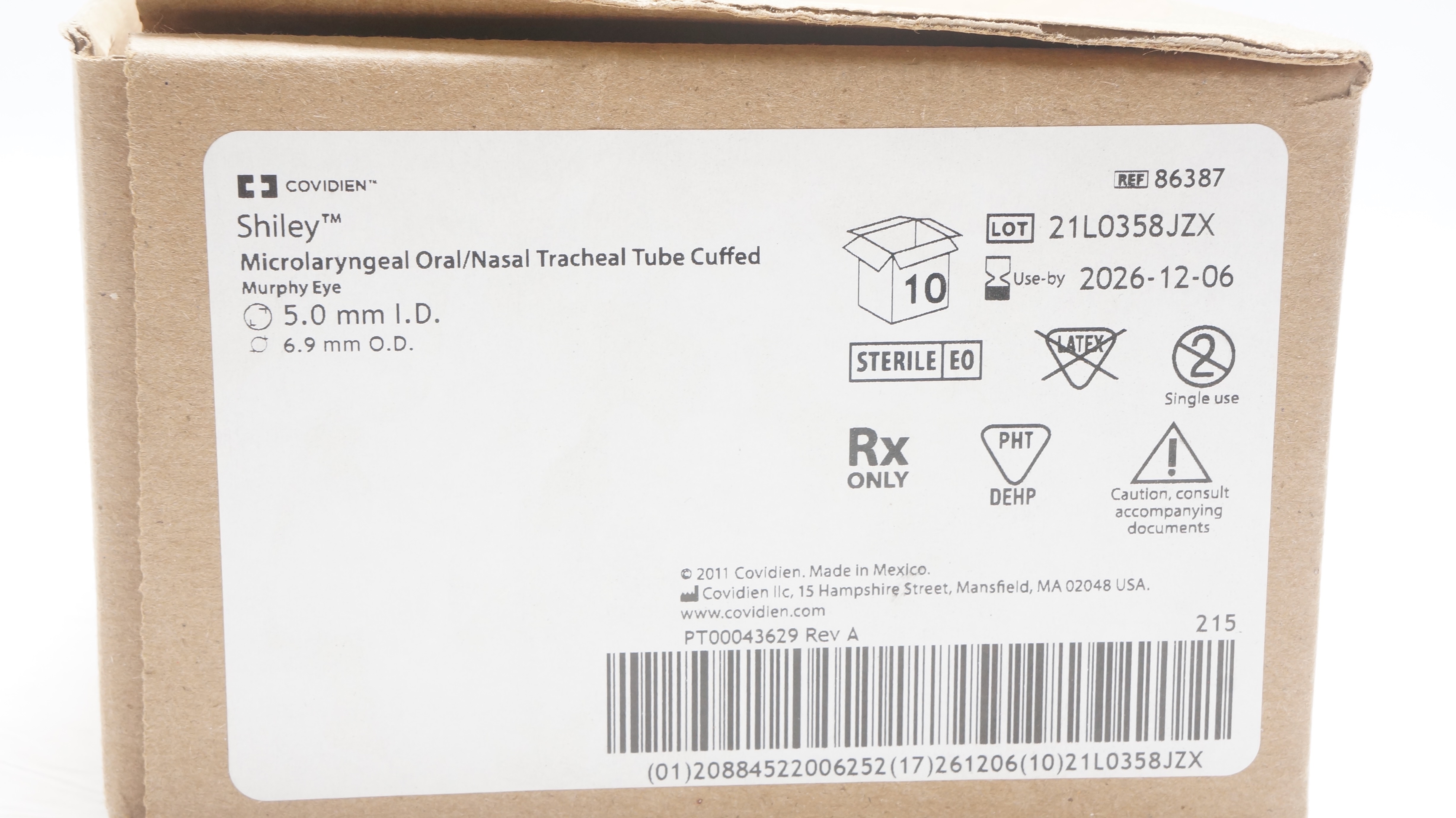 Covidien 86387 Shiley Oral/Nasal Tracheal Tube 5.0 ID x 6.9mm OD - Case of 10