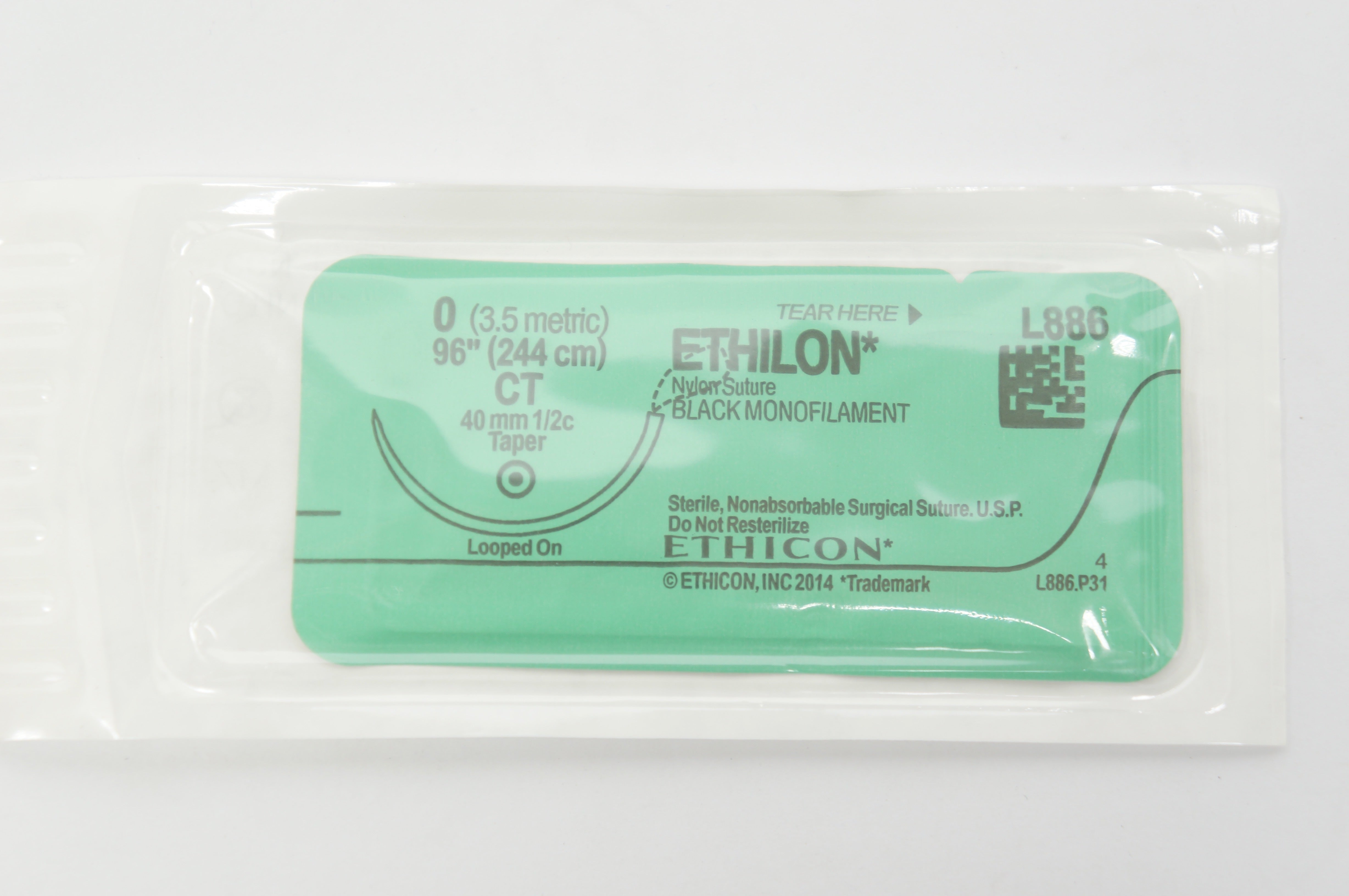 Ethicon L886 0 Ethilon Nylon Stre, CT 40mm 1/2c Taper, 96inch