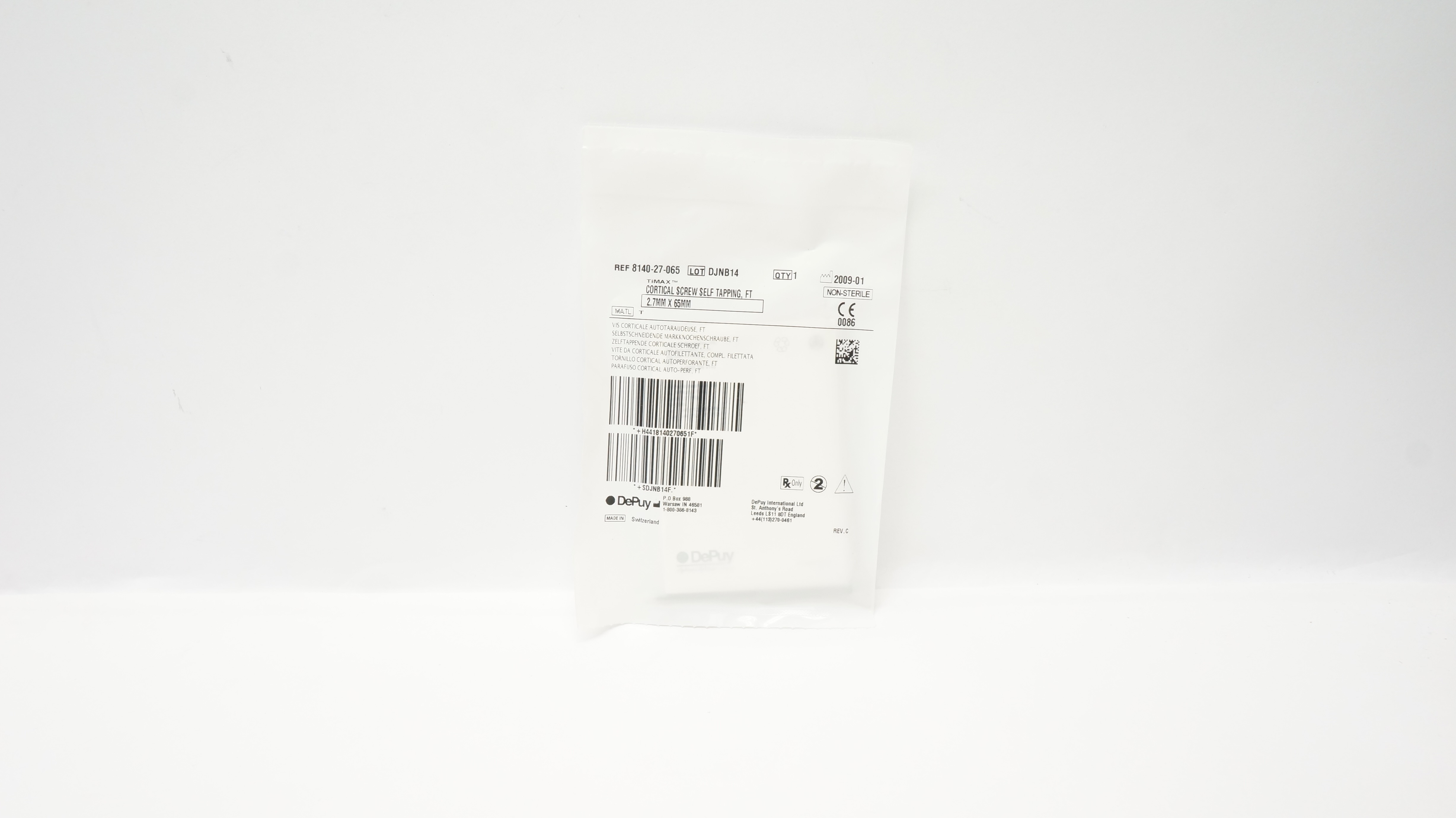 DePuy 8140-27-065 Timax Cortical Screw Self Tapping, Ft, 2.7mm x 65mm