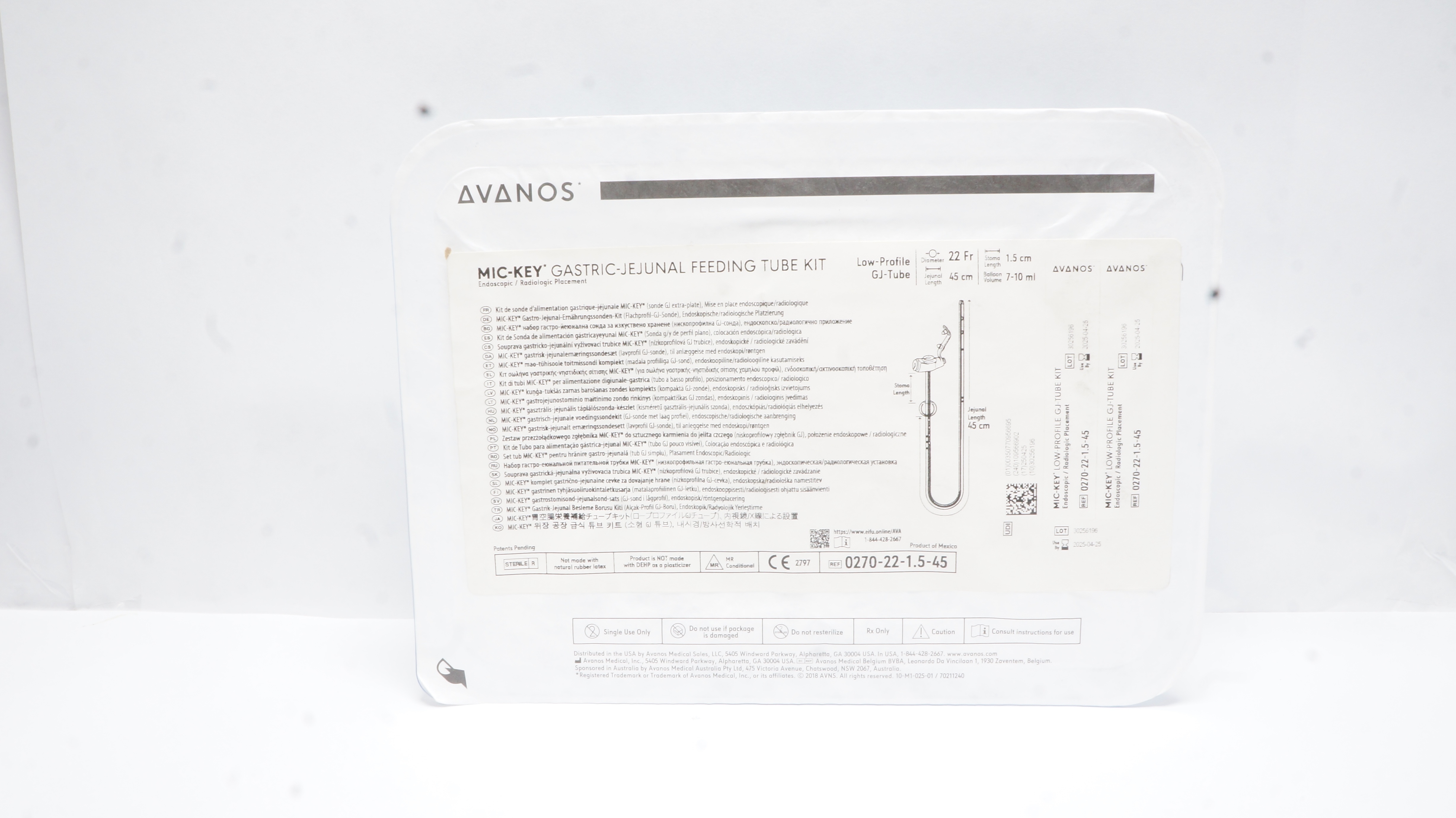 Avanos 0270-22-1.5-45 Mic-Key Gastric-Jejunal Feeding Tube Kit 22Fr x7-10ml