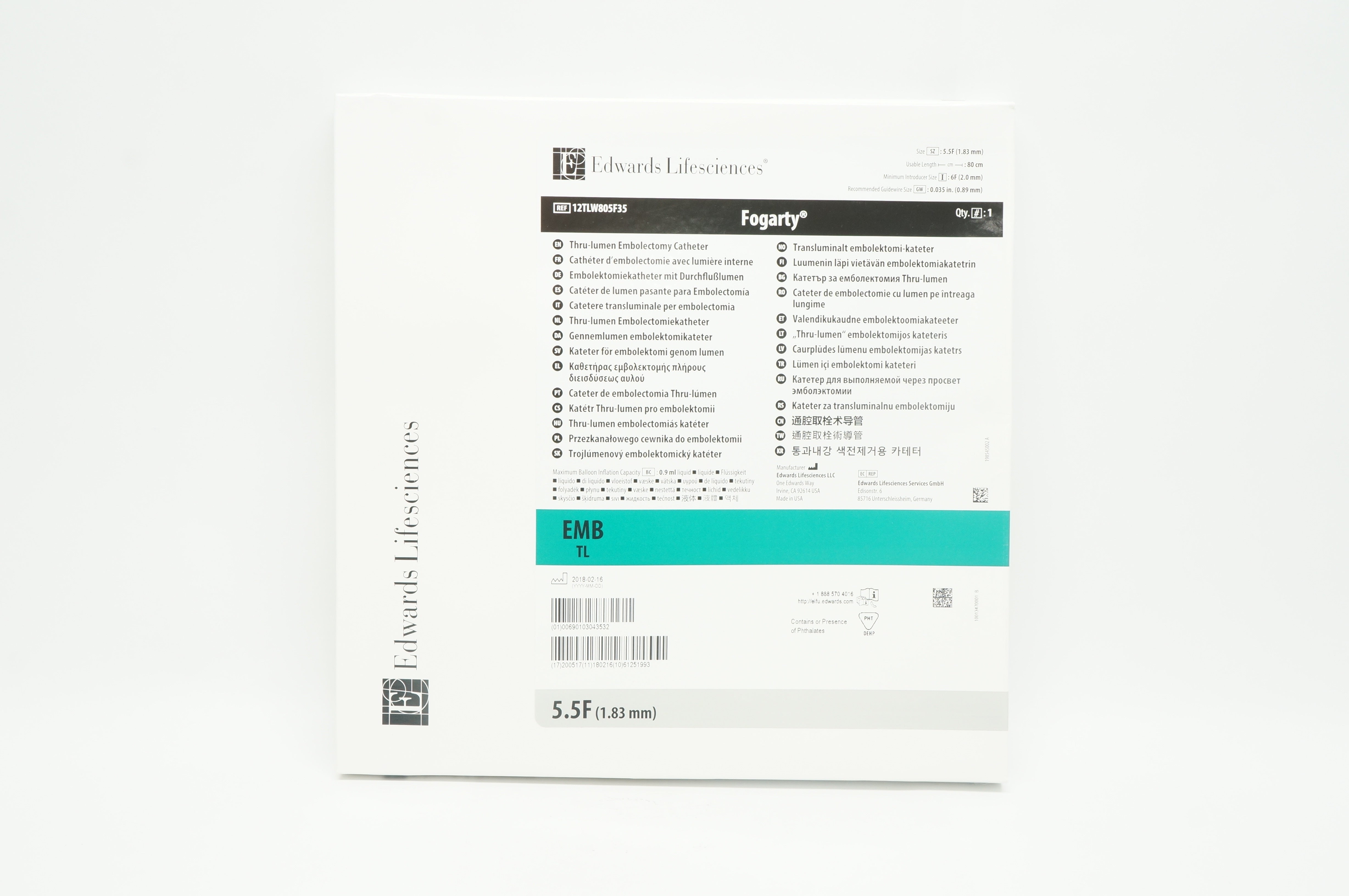 Edwards Lifesciences 12TLW805F35 Fogarty Thru-Lumen Embolectomy Cath. 5.5F (x)