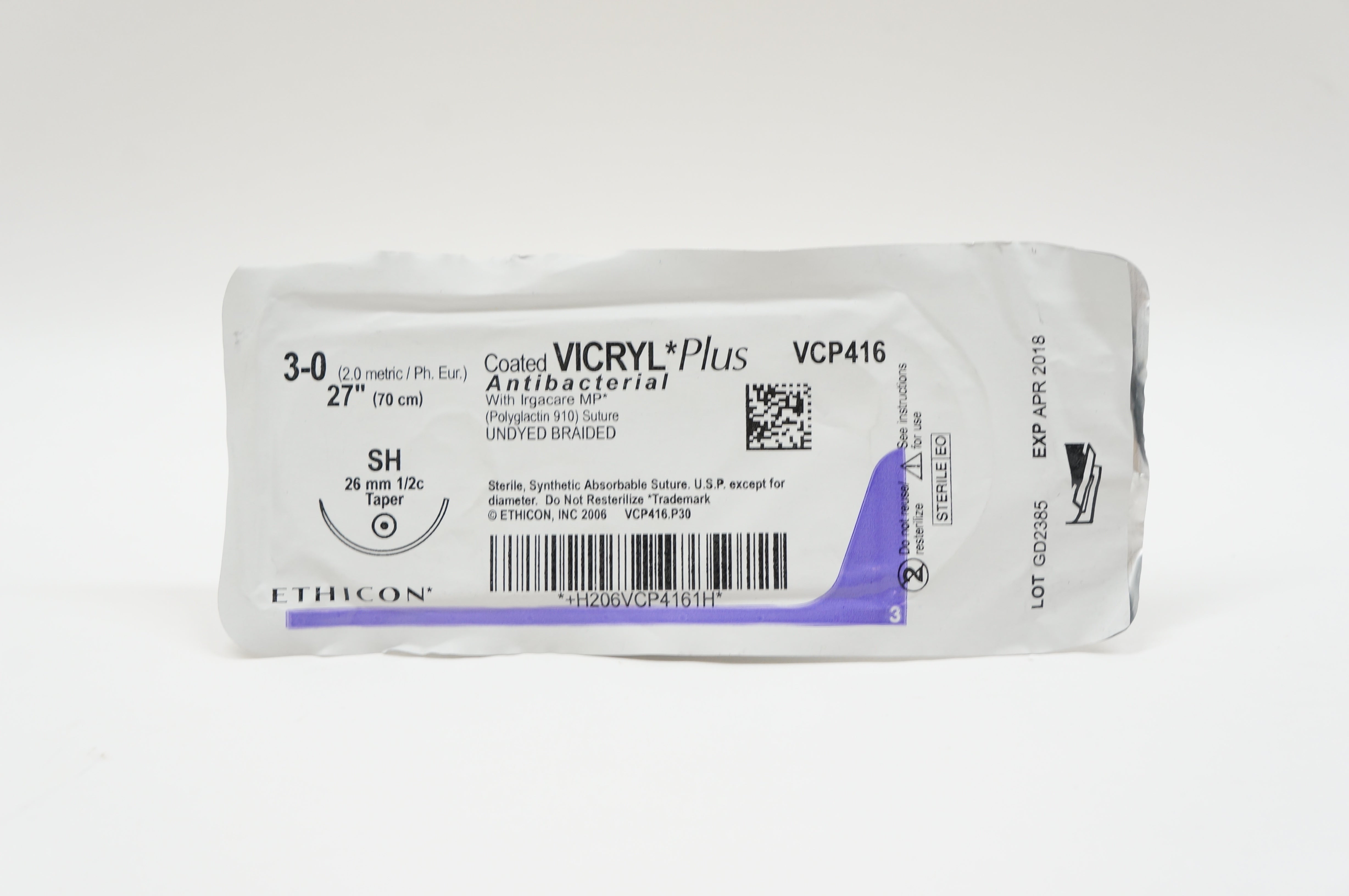 Ethicon VCP416 3-0 VICRYL Plus, SH, 26mm 1/2c Taper, 27inch (x)