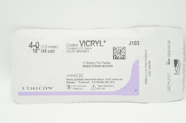 Ethicon J103 4-0 Coated VICRYL Polyglactin 910 Stre Violet Braided, 18inch