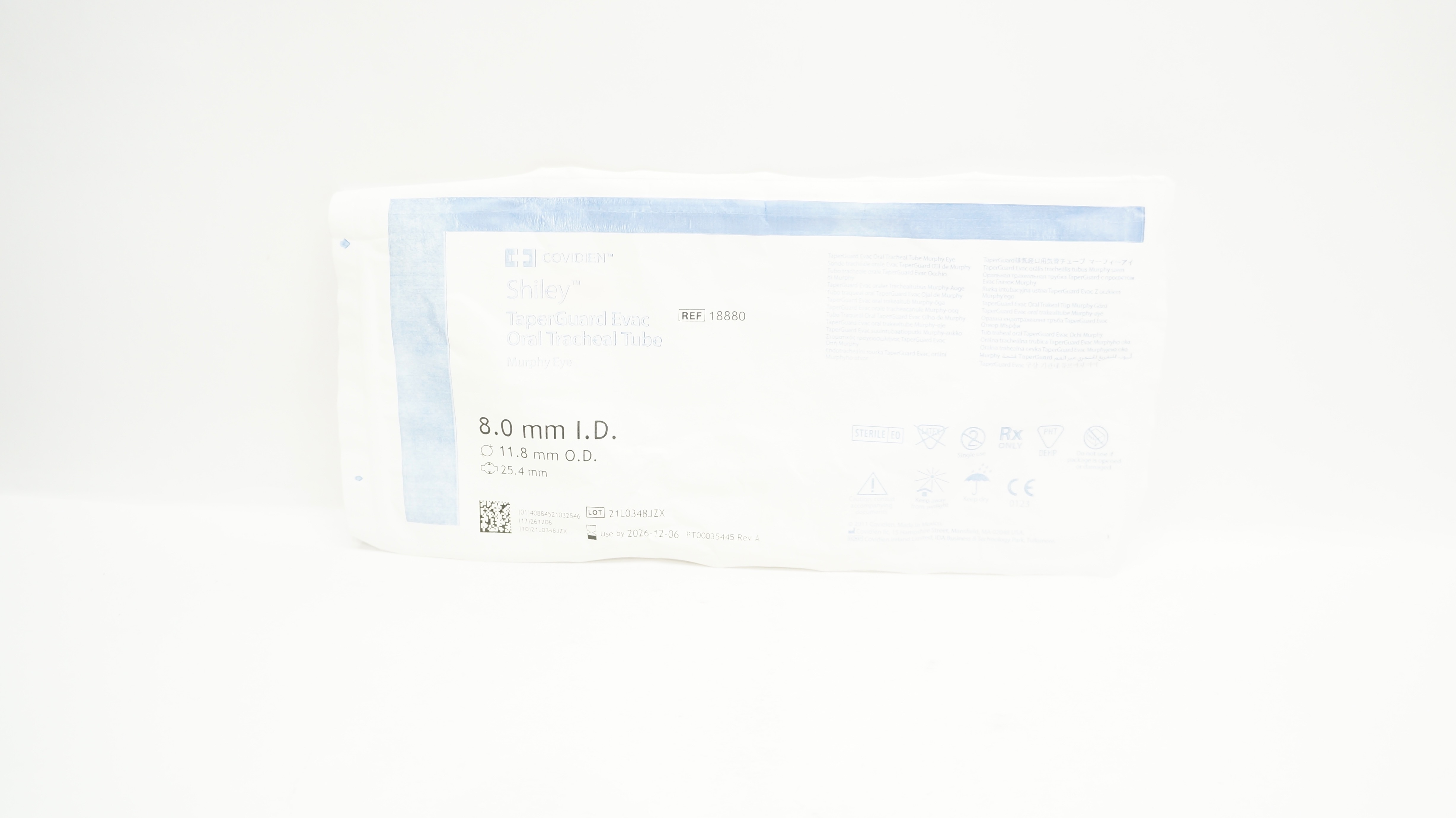 Covidien 18880 Shiley TaperGuard Evac Oral Tracheal Tube 8.0ID x 11.8mmOD x 25.4