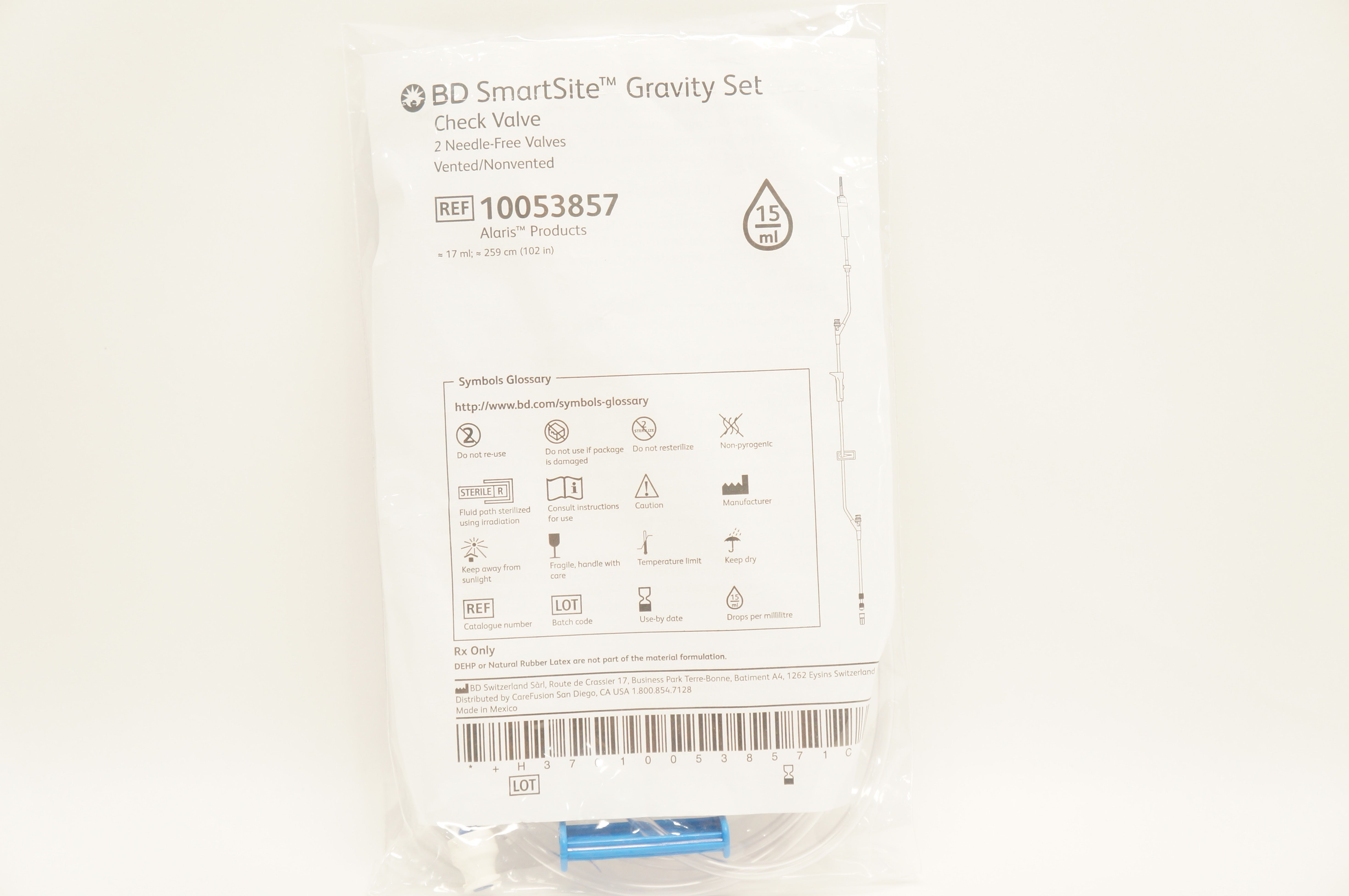 BD 10053857 SmartSite Gravity Set Check Valve 15Drops 17mL x 102inch
