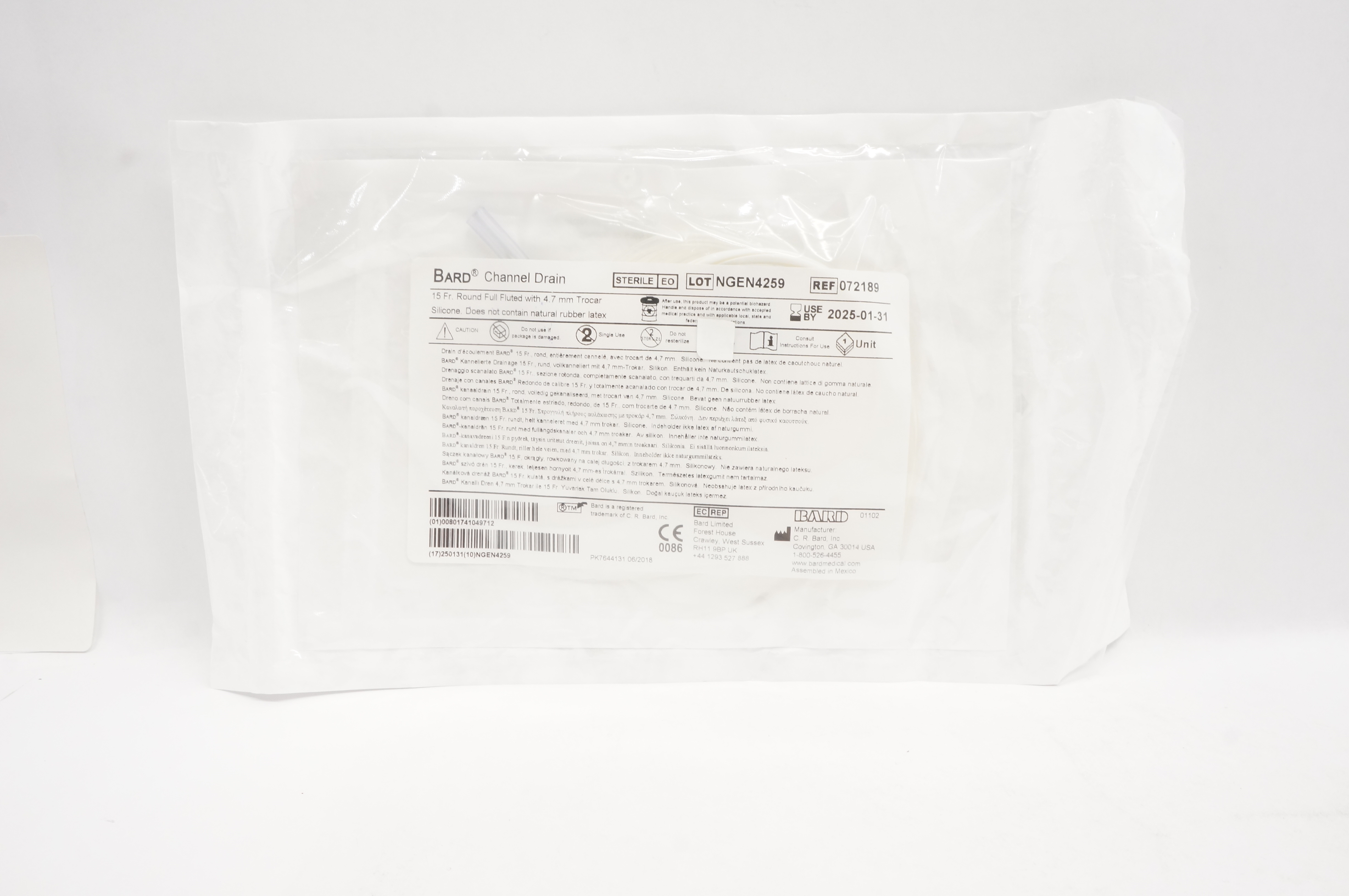 Bard 072189 Channel Drain 15 Fr. Round Full Fluted with 4.7mm Trocar Silicone