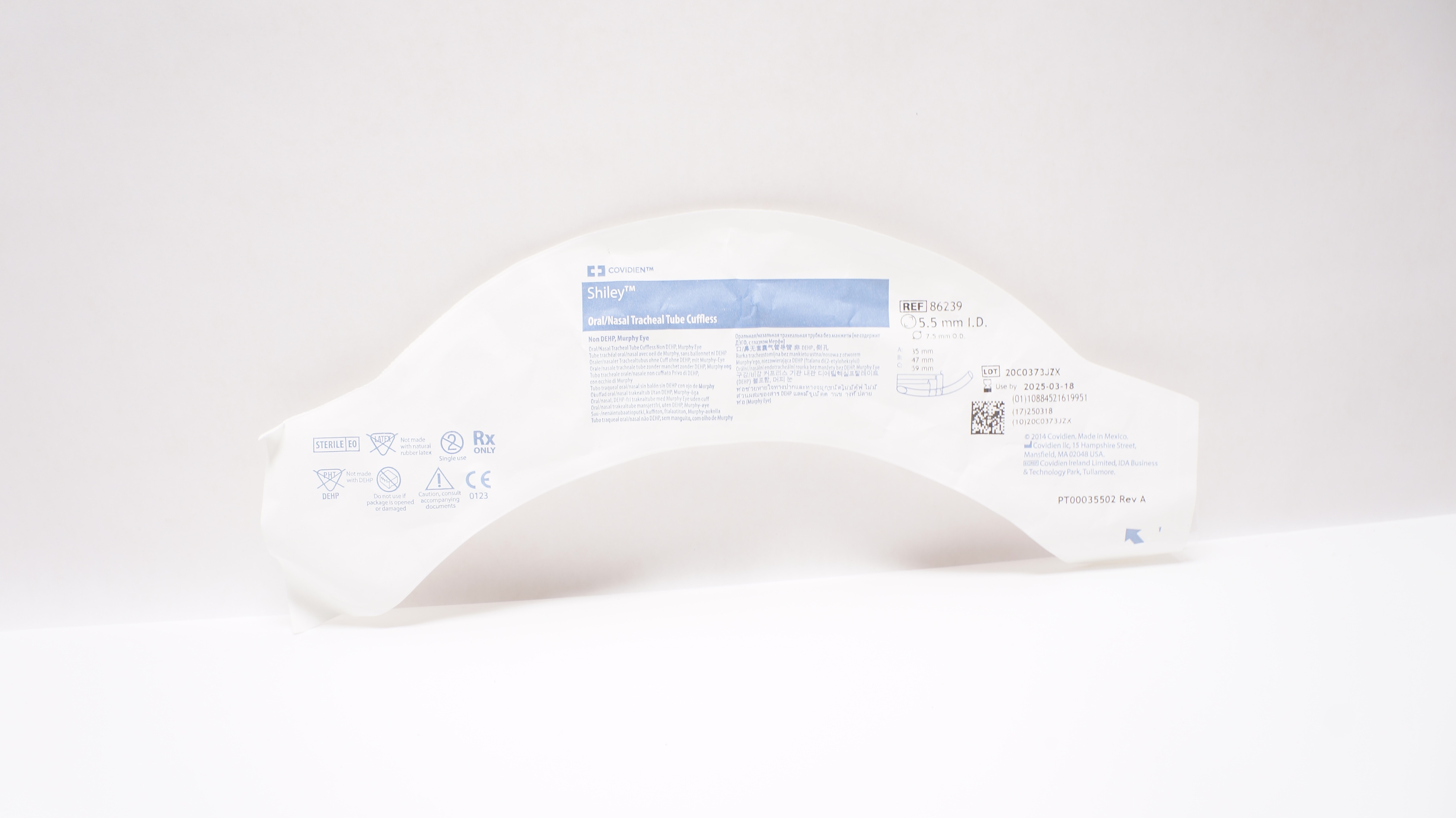 Covidien 86239 Shiley Oral/Nasal Tracheal Tube Cuffless 5.5mm ID x 7.5mm OD