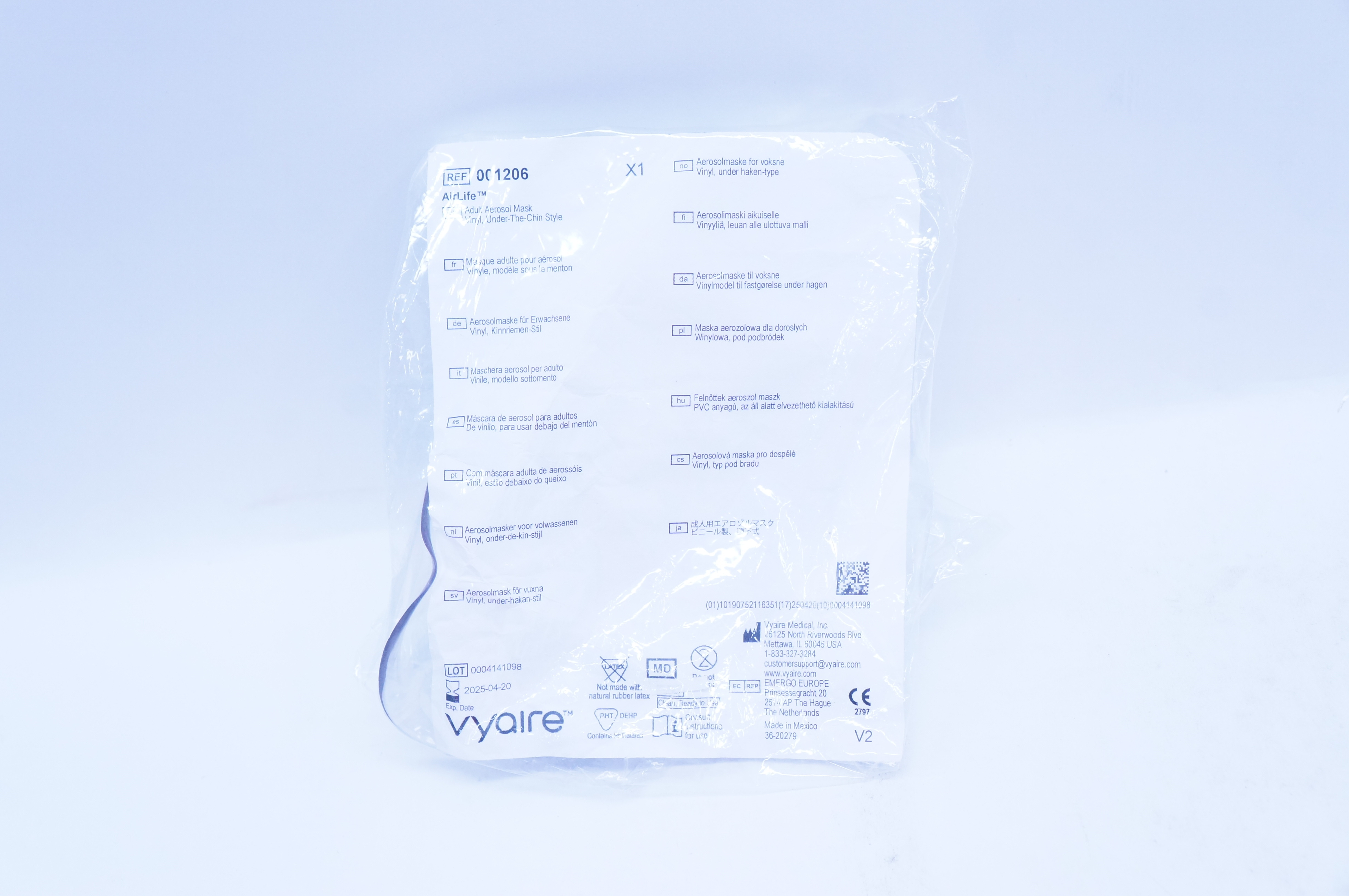 Vyaire 001206 AirLife Adult Aerosol Mask Vinyl, Under-The-Chin Style