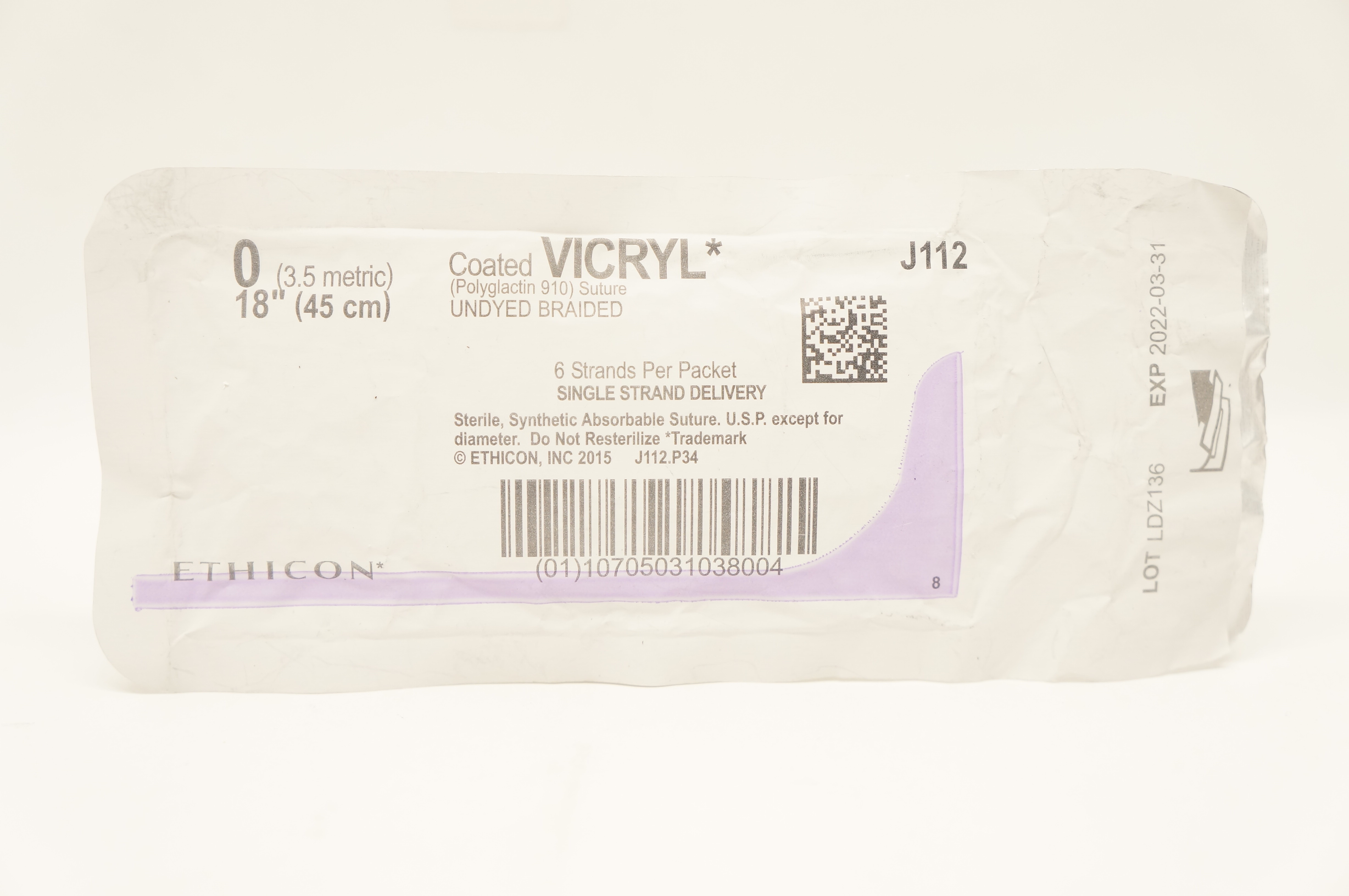 Ethicon J112 0 Coated VICRYL Stre Undyed Braided 18inch